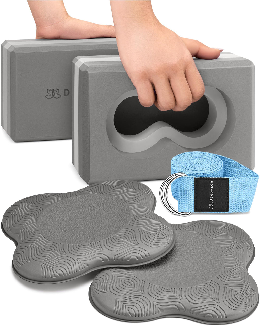 Deep-Zen Yoga Blocks Wrist Support; Yoga Blocks 2 Pack With Knee Pads And Strap To Put Less Weight On Wrists; Durable, Versatile