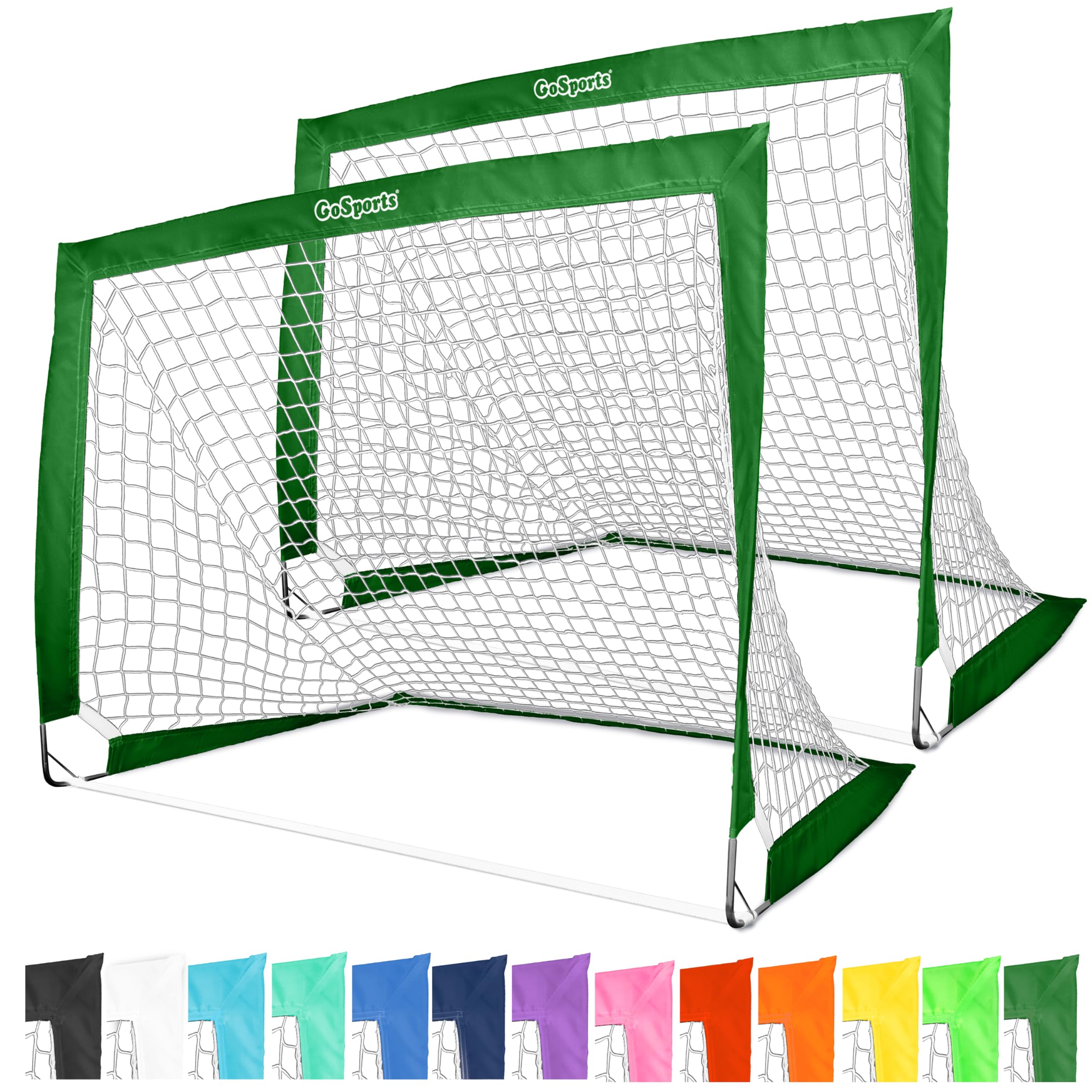 GoSports Team Tone 4 ft x 3 ft Portable Soccer Goals for Kids - Set of 2 Pop Up Nets for Backyard - Dark Green