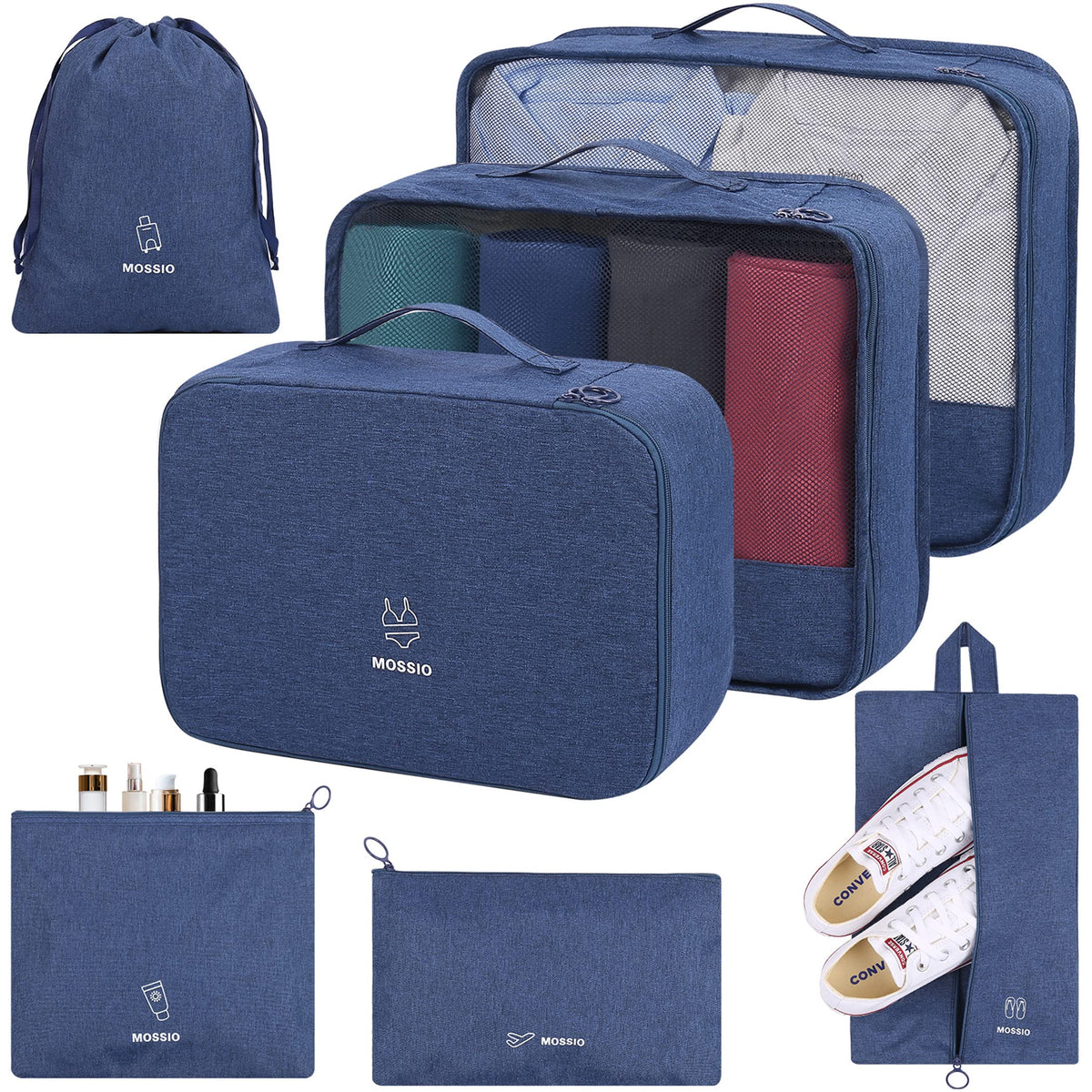 Mossio 6 Set Packing Cubes With Shoe Bag  Travel Luggage Organizer For Carry On Suitcase, Navy