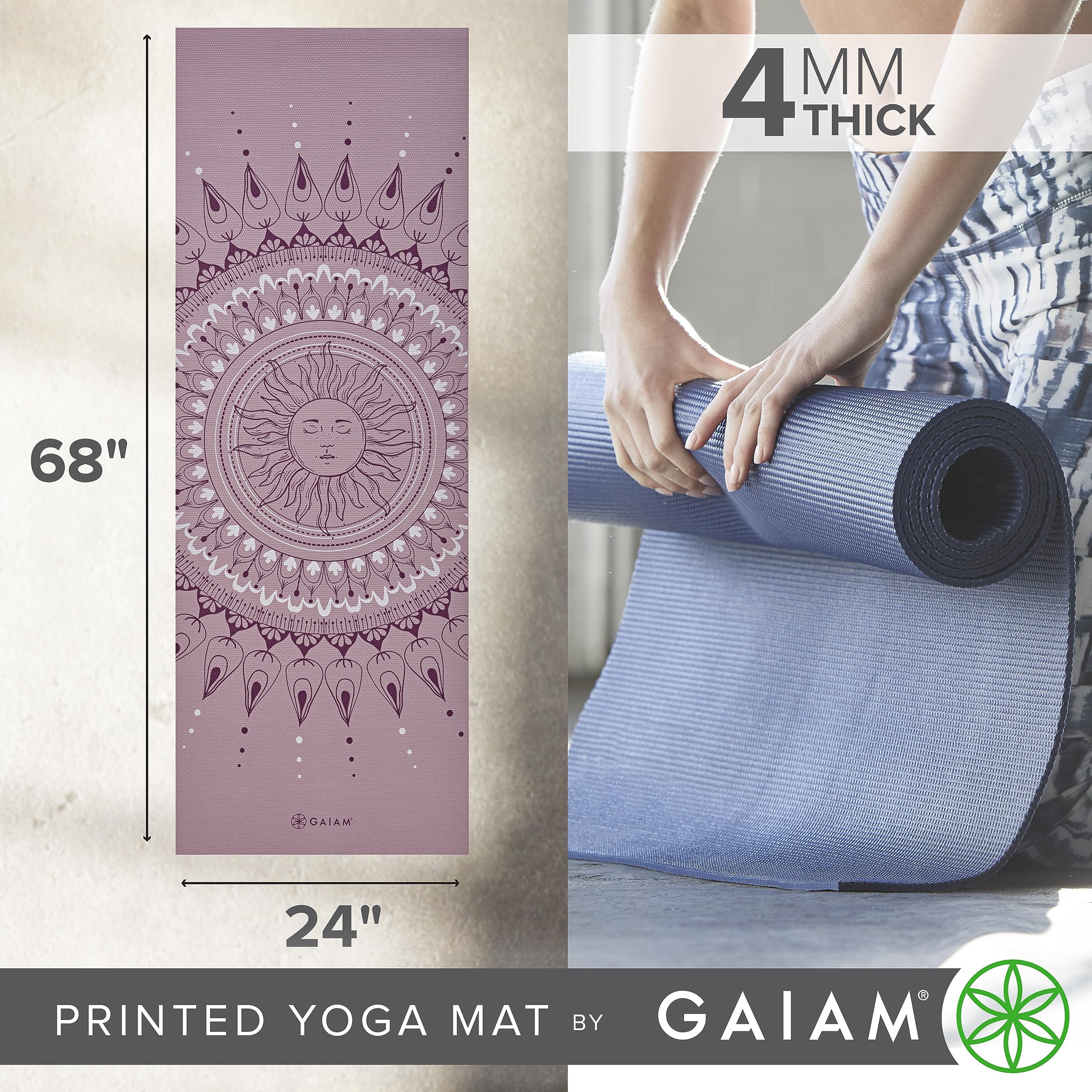 Gaiam Yoga Mat Classic Print Non Slip Exercise & Fitness Mat For All Types Of Yoga, Pilates & Floor Workouts, Here & Now Dusty R