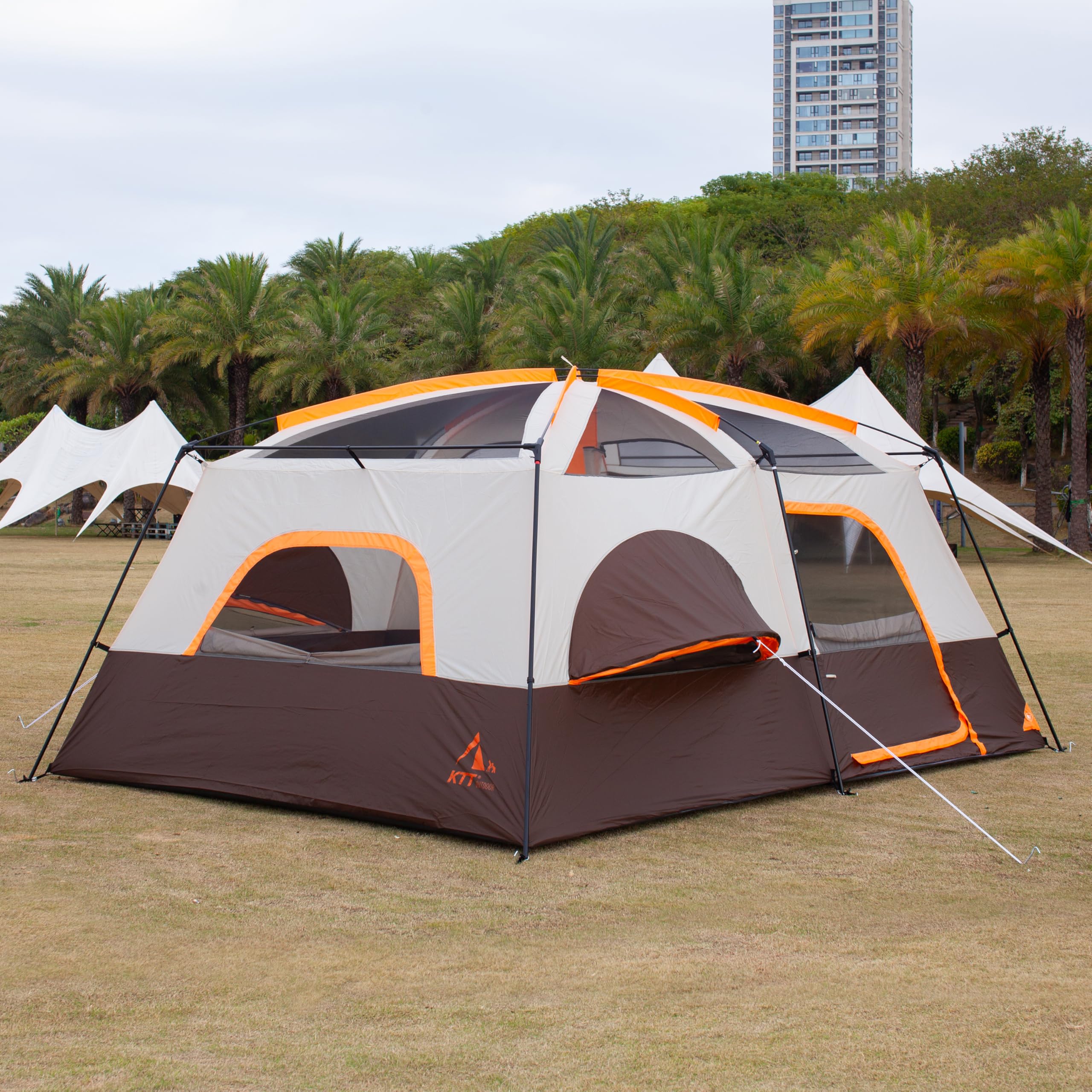 Ktt Large Family Cabin Tent 10-12 Person,2 Rooms,3 Storage Pockets,2 Bay-Windows 3 Doors And 3 Windows With Mesh,Straight Wall,W