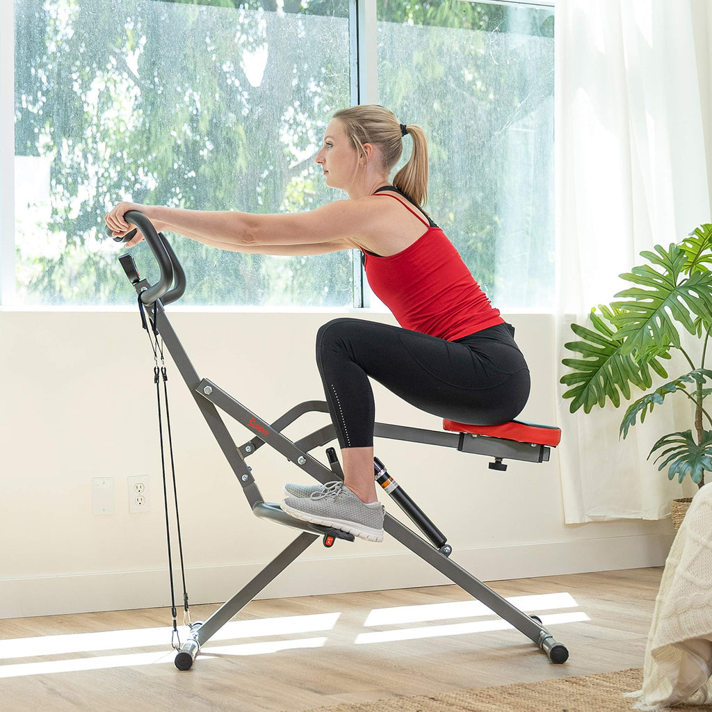 Sunny Health & Fitness Row-N-Ride Pro Squat Machine For Home, Foldable 300 Lb Capacity Rower With 12 Level Resistance Rower, Eas