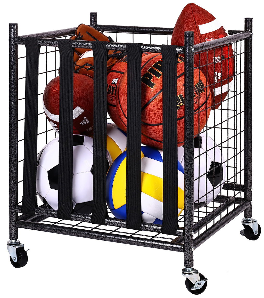 Fitvids Sports Equipment Organizer, Ball Storage Cart With Baskets And Hooks, Rolling Gear Storage For Garage, Black Steel