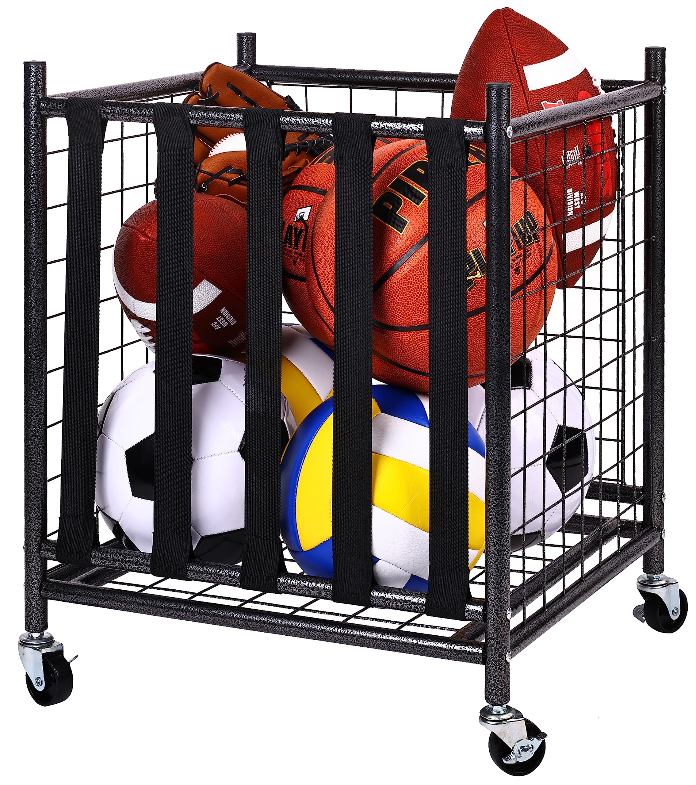 Fitvids Sports Equipment Organizer, Ball Storage Cart With Baskets And Hooks, Rolling Gear Storage For Garage, Black Steel