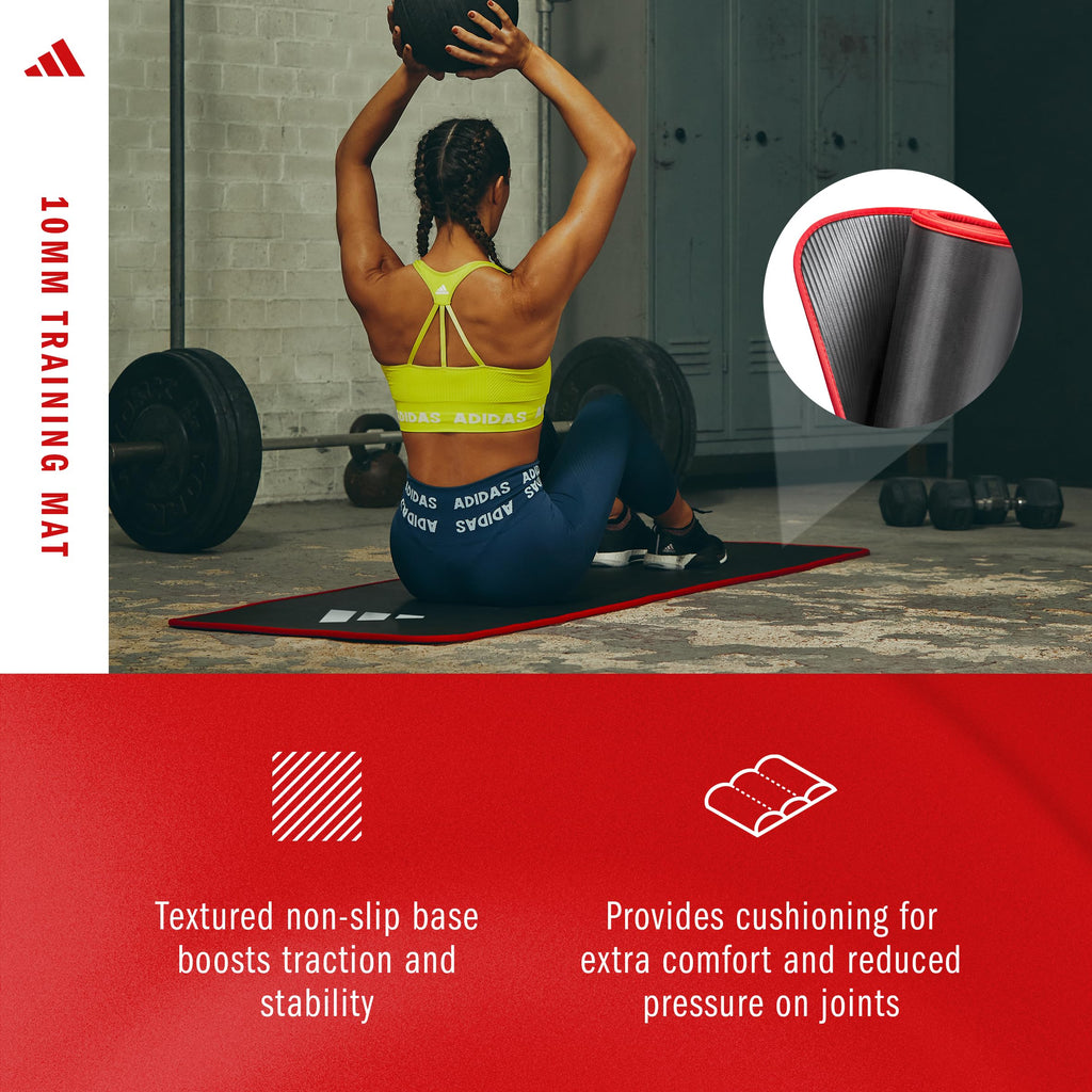 Adidas 10mm Extra Thick Training Mat with Carrying Strap and Non-Slip Textured Base - Cushioned Workout Mat for Home Gym, Floor