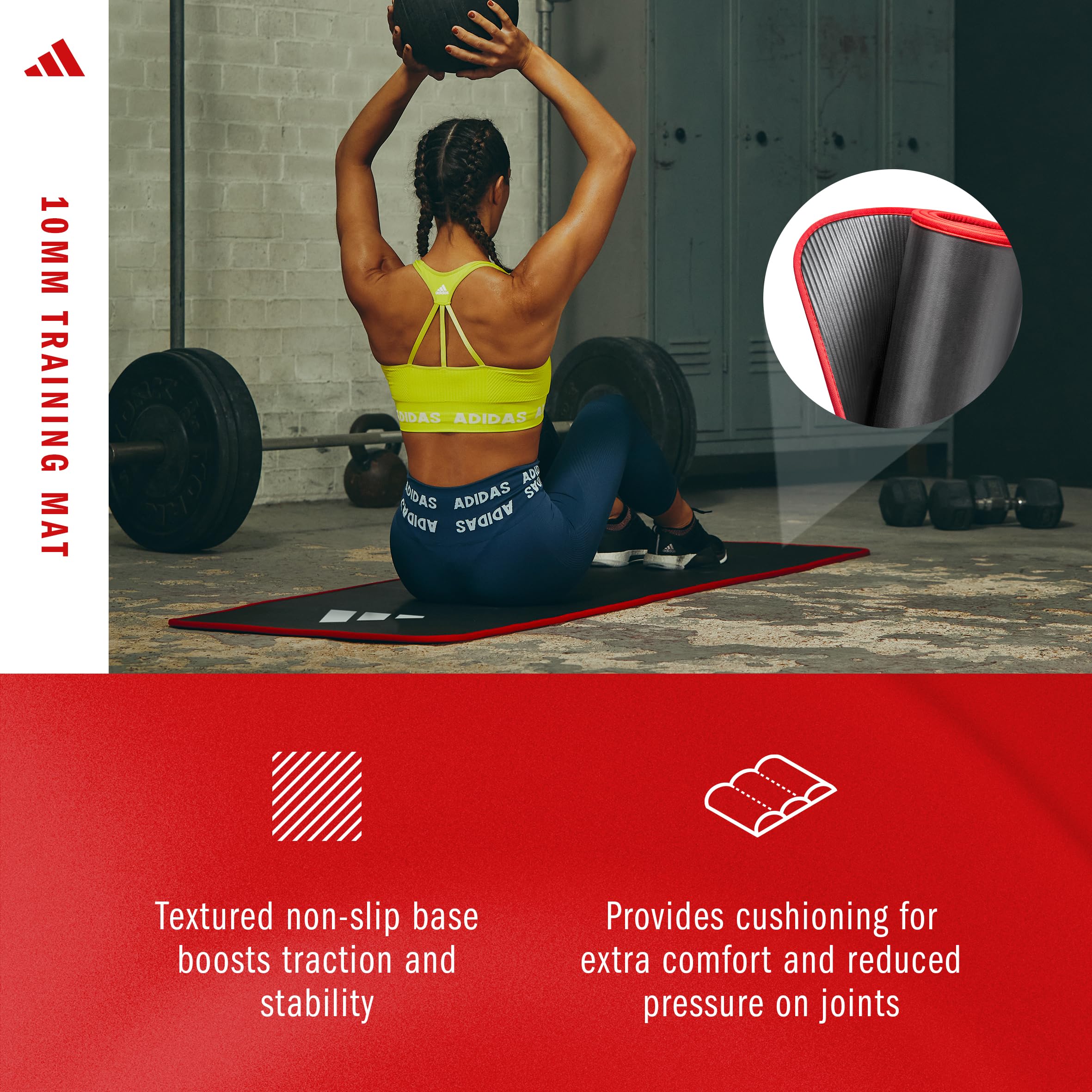 Adidas 10mm Extra Thick Training Mat with Carrying Strap and Non-Slip Textured Base - Cushioned Workout Mat for Home Gym, Floor