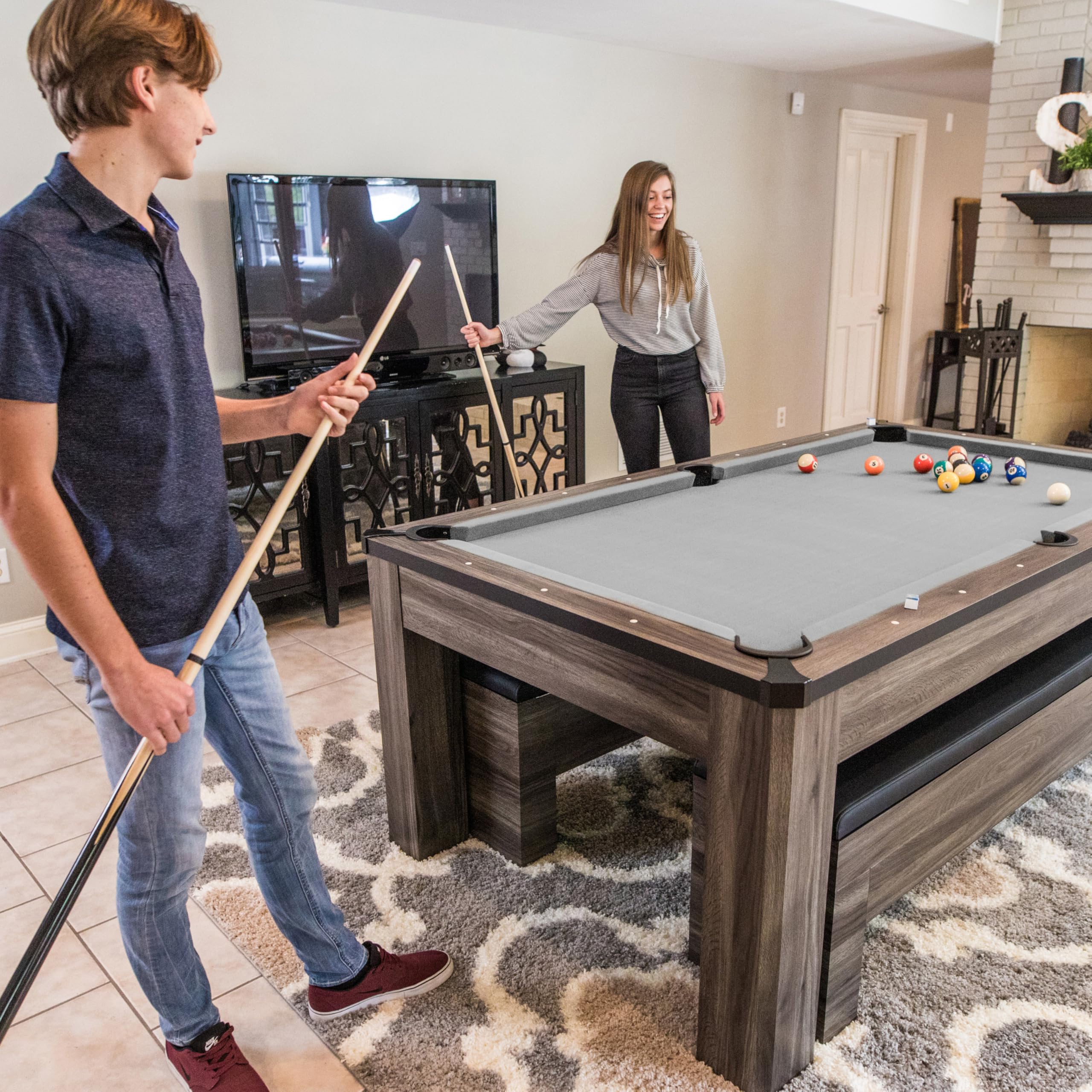 Atomic 7 Hampton 3-In-1 Combination Table Includes Billiards, Table Tennis, And Dining Table With Dual Storage Bench Seating, Gr