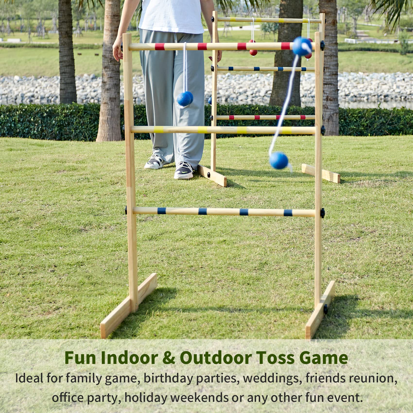 Apudarmis Ladder Toss Game Set, 35X26In Pine Wooden Golf Ladder Lawn Game With 6 Bolos Balls And Carrying Case - Outdoor Backyar
