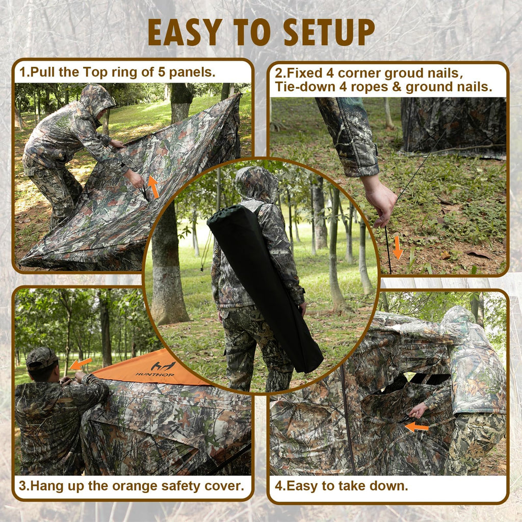 Hunthor Hunting Blind For 2-3 Person, 270 Degree See-Through Ground Blind With Silent Zipper And Orange Top, Portable Pop-Up Ten