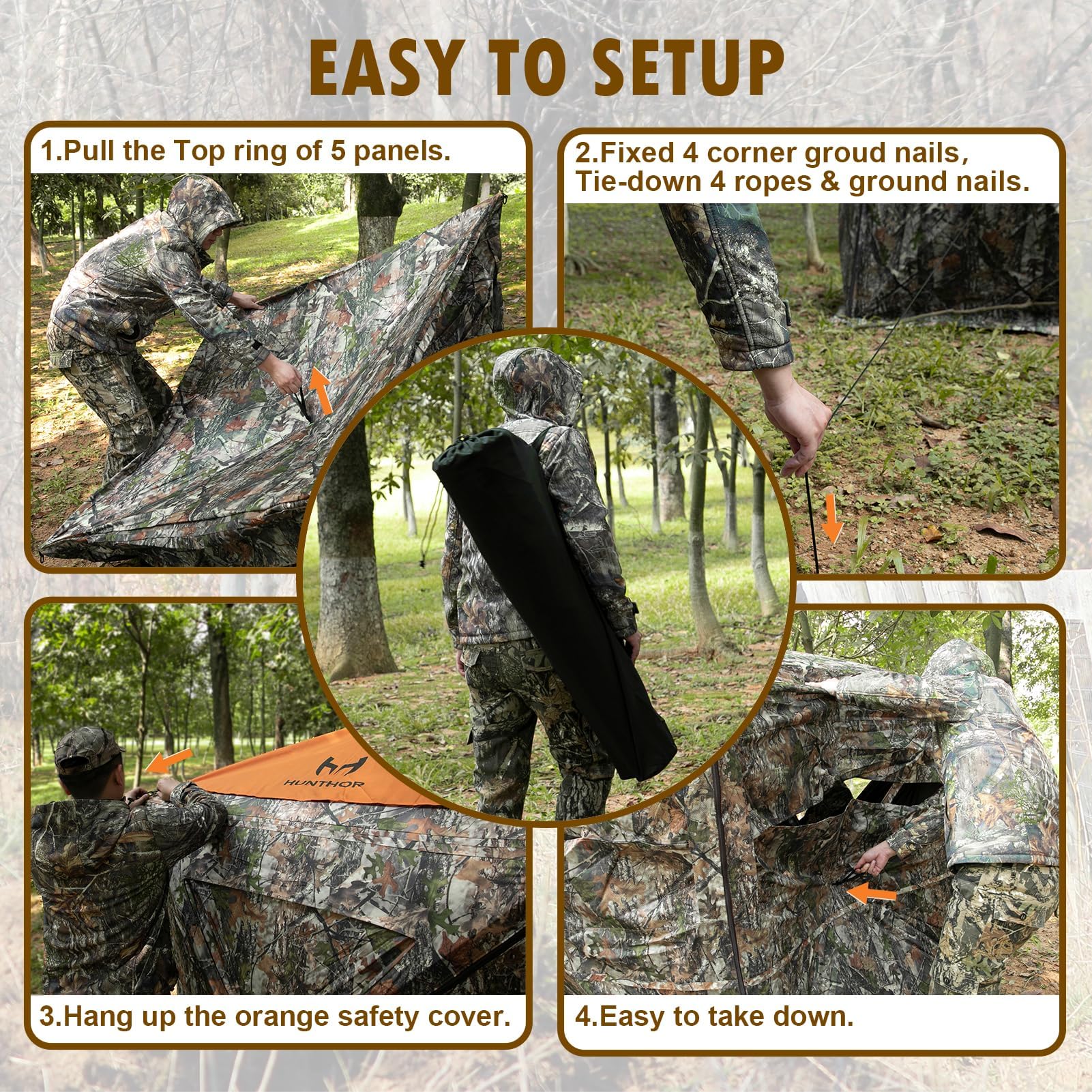Hunthor Hunting Blind For 2-3 Person, 270 Degree See-Through Ground Blind With Silent Zipper And Orange Top, Portable Pop-Up Ten