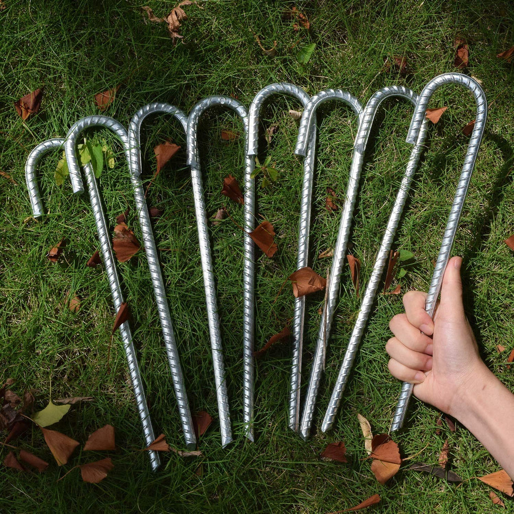 Ok5Star 8 Pack 16'' Galvanized Rebar Stakes Heavy Duty J Hook Ground Anchors, Curved Steel Tent Stakes Anti Rust Steel Ground St