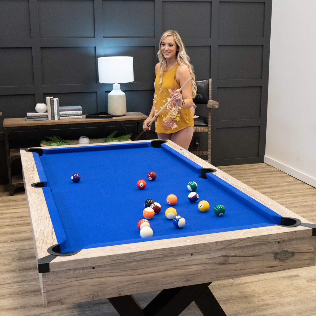 American Legend Kirkwood 84       Billiard Table With Rustic Blond Finish, K-Shaped Legs And Royal Blue Cloth