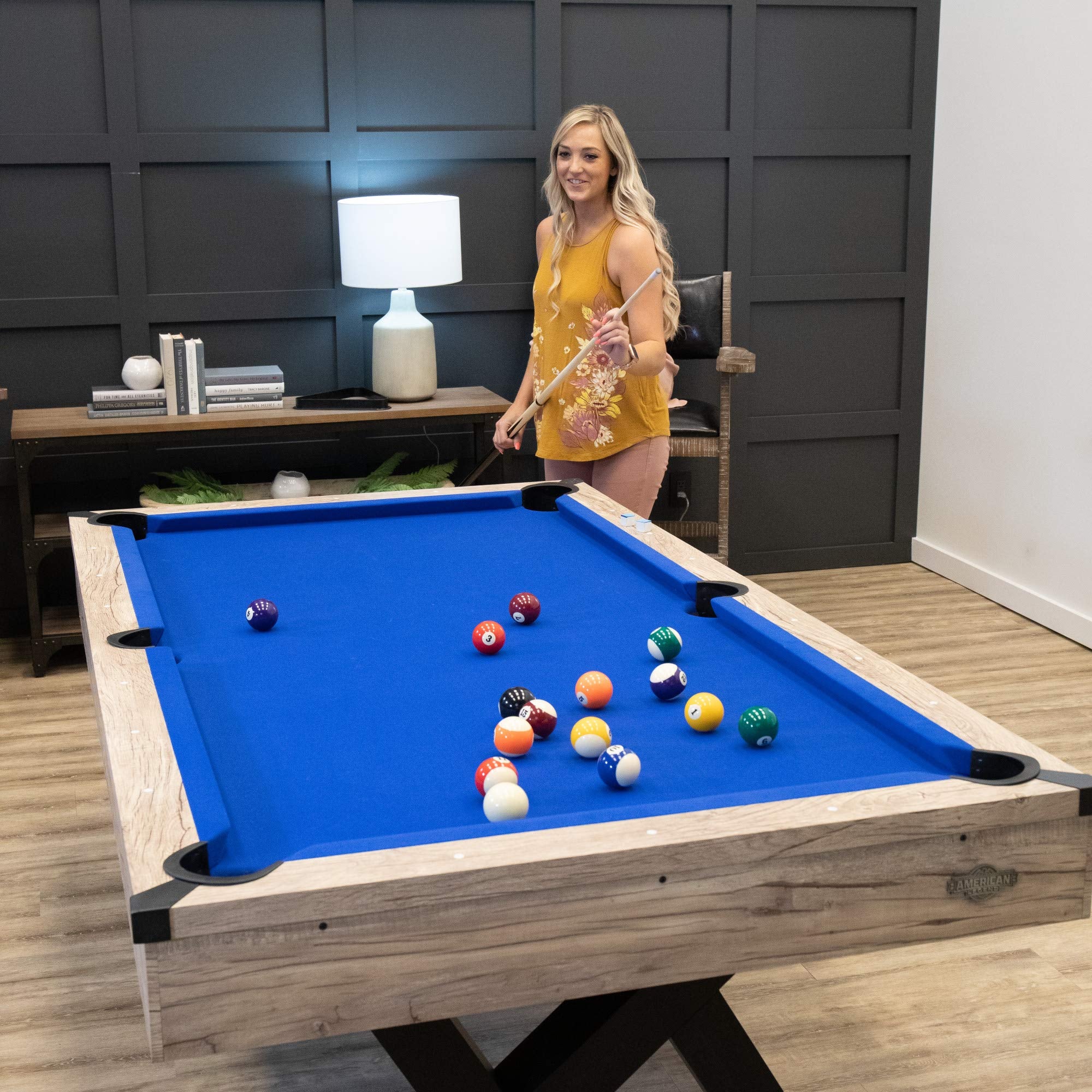 American Legend Kirkwood 84       Billiard Table With Rustic Blond Finish, K-Shaped Legs And Royal Blue Cloth