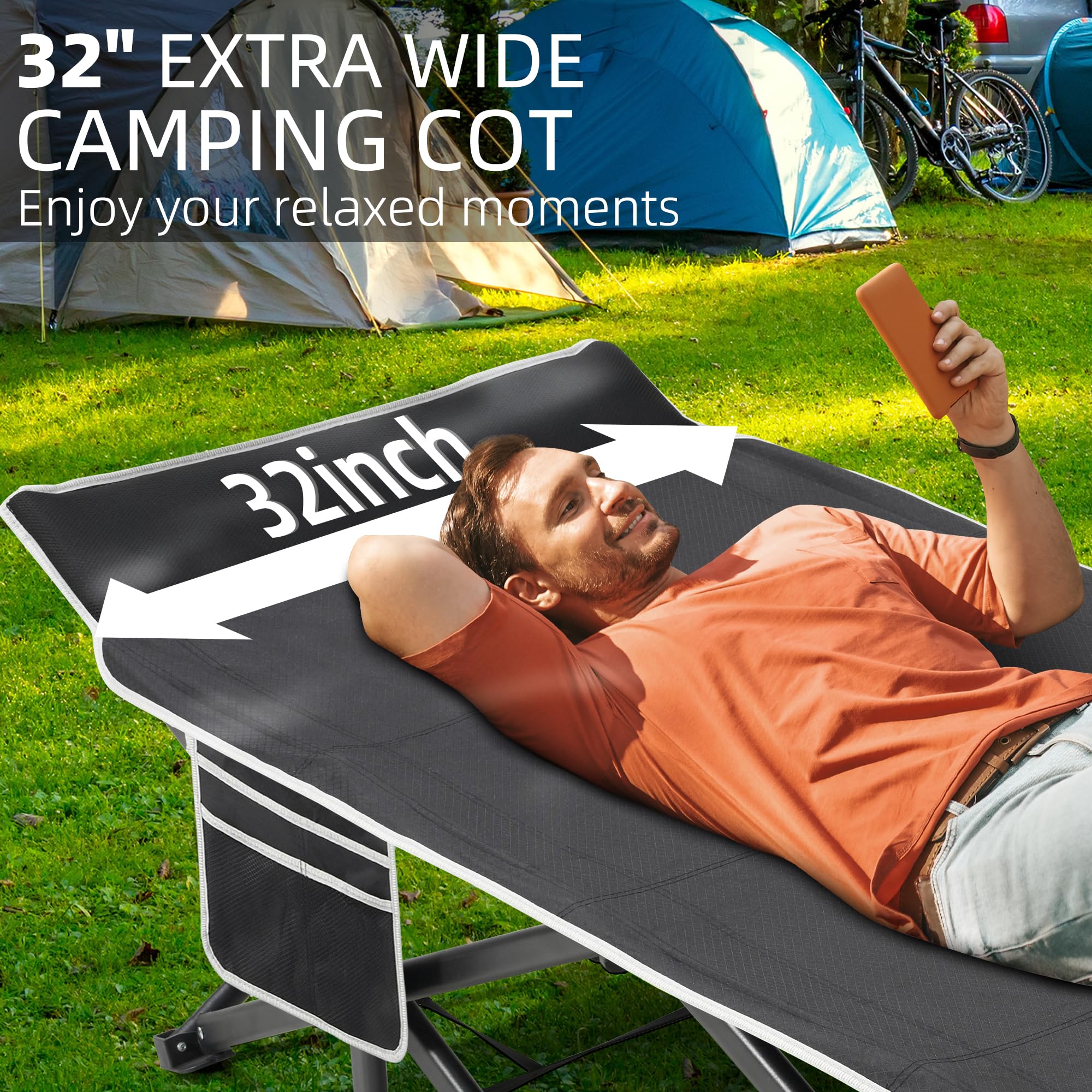 Fragess Portable Camping Cot, 32 Extra Wide Camping Cots For Adults With Thick Mattress, Heavy Duty Sleeping Cot Holds Up To 600