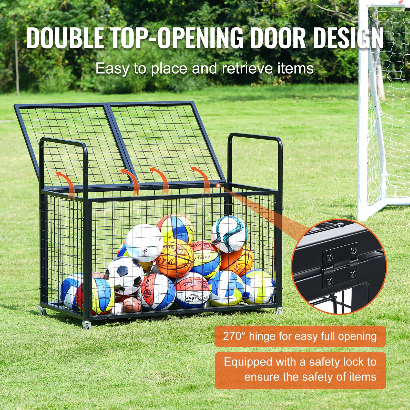 Vevor Rolling Sports Ball Storage Cart, Lockable Basketball Cage With Double Lids, Sport Equipment Holder Organizer For Indoor O