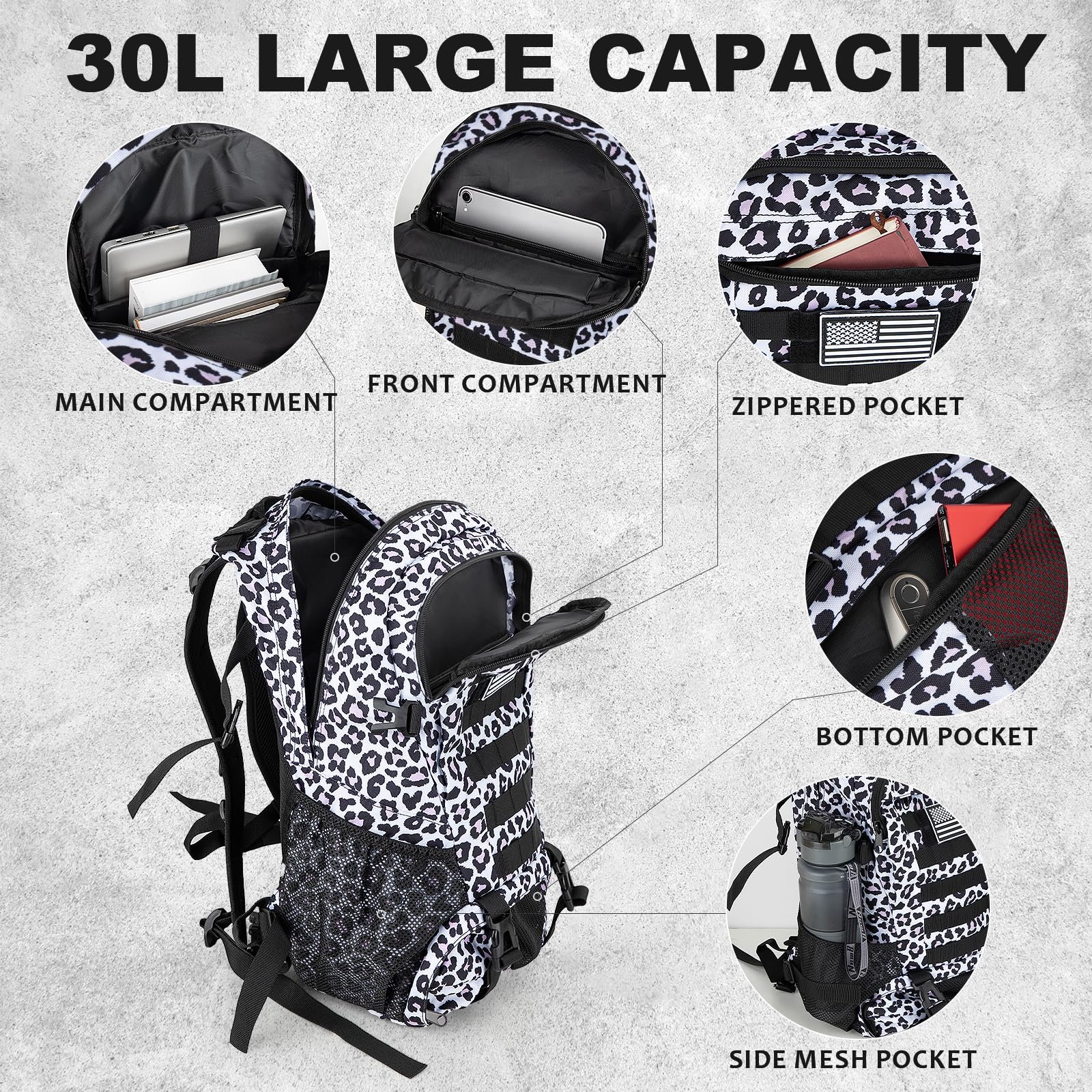 Jueachy Tactical Backpack For Women Men Hiking Day Pack Molle Military Rucksack Waterproof 30L Edc Bag With Usa Flag Patch Leopa