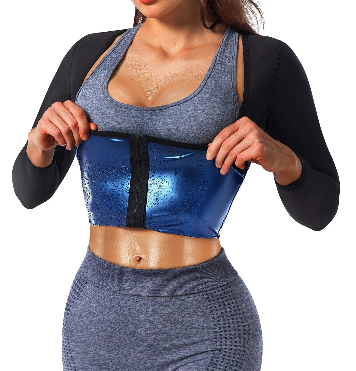 Gvv Women Sauna Suit Shirt Full Sleeve Sweat Waist Trainer Vest With Zipper, Tummy Control Compression Tank Top Body Shaper For