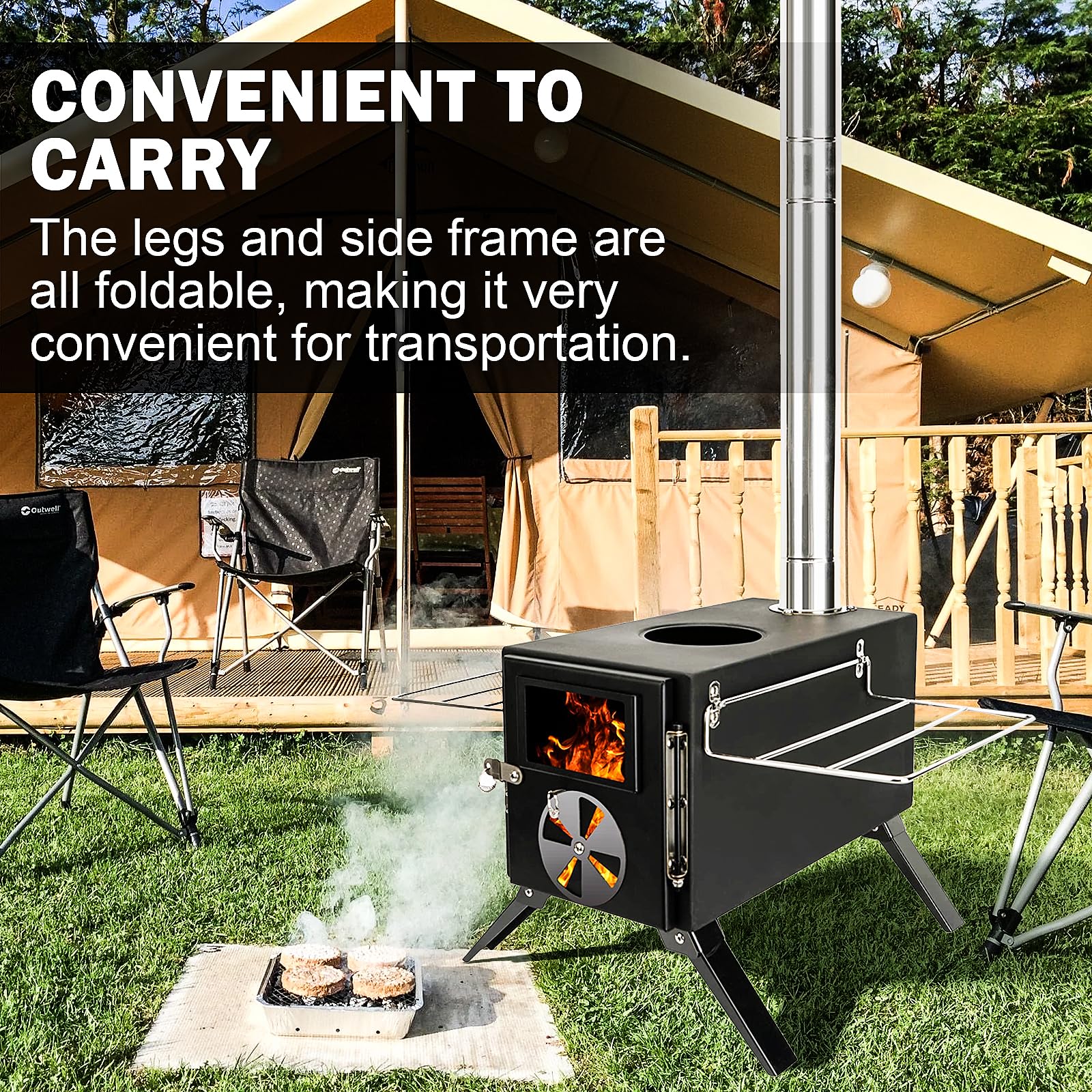 Womeyork Outdoor Camping Stove, Portable Wood Burning Stove With Chimney Pipe For Tent, Shelter, Heating And Cooking (Black-S)