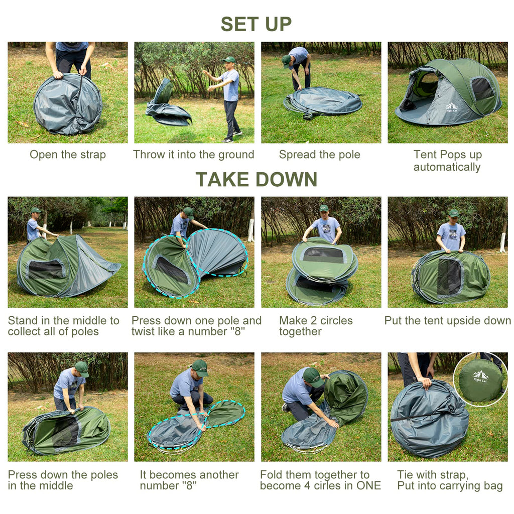 Night Cat Pop-Up Camping Tent: 4 Person Tent Waterproof Instant Easy Setup Family Tent