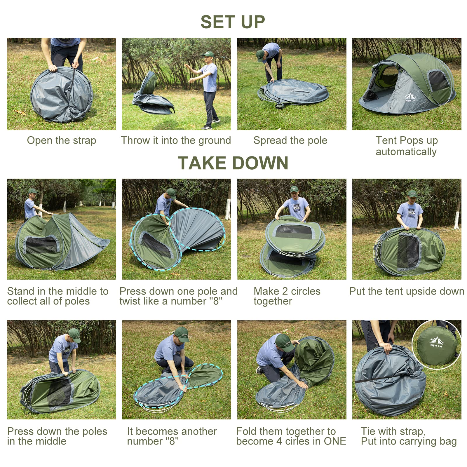 Night Cat Pop-Up Camping Tent: 4 Person Tent Waterproof Instant Easy Setup Family Tent