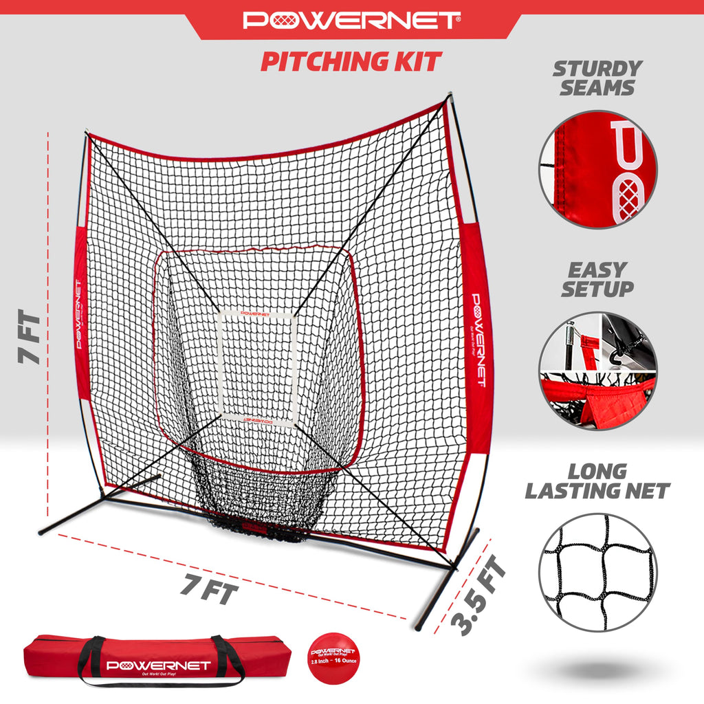 Powernet Baseball Softball Practice Net 7X7 With Baseball Accessories For Practice Pitching & Batting, Ball Caddy, Weighted Base