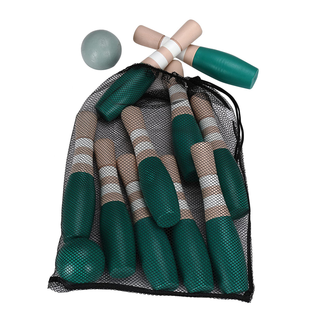 Sterling Sports Wooden Lawn Bowling 9'' Skittles Set With Carrying Mesh Bag For Indoors And Outdoors - 10 Wooden Pins And 2 Ball