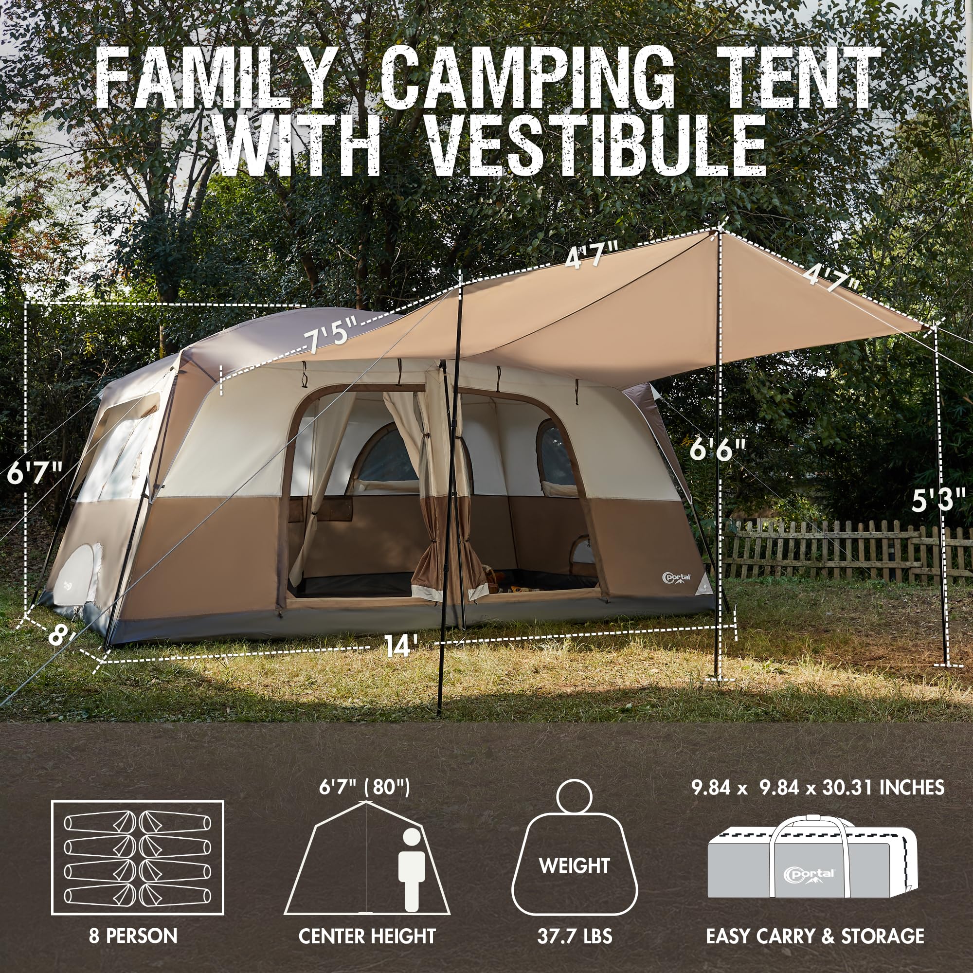 Portal 8 Person Tents for Camping, Easy Setup Cabin Tent with Large Porch, 2 Room, Waterproof Family Camping Tent for Outdoor Ca