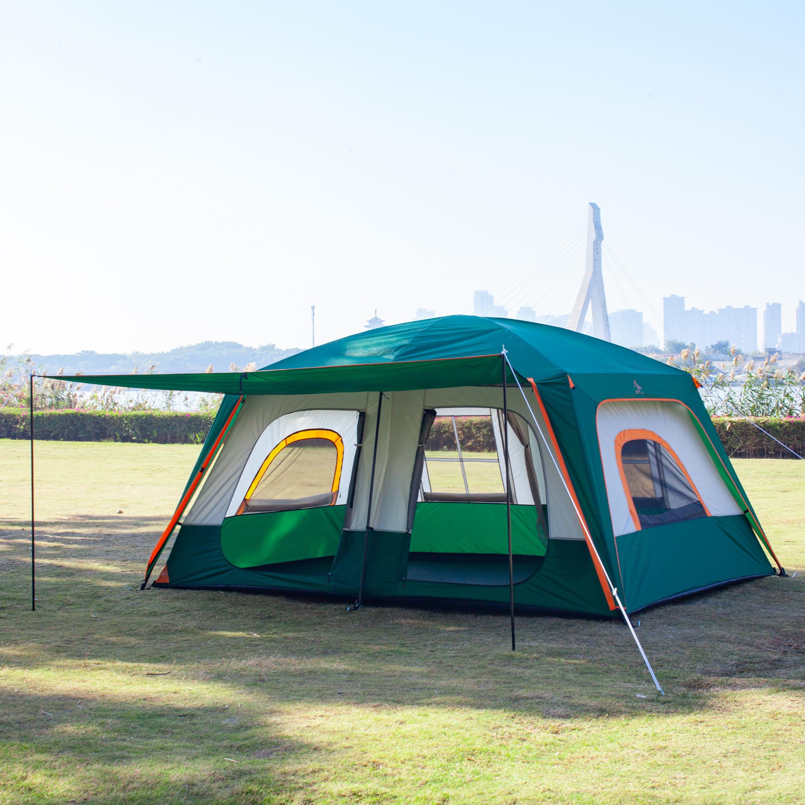 Ktt Extra Large Tent 8-10 Person,Family Cabin Tents,2 Rooms,3 Doors And 3 Windows With Mesh,Straight Wall,Waterproof,Double Laye