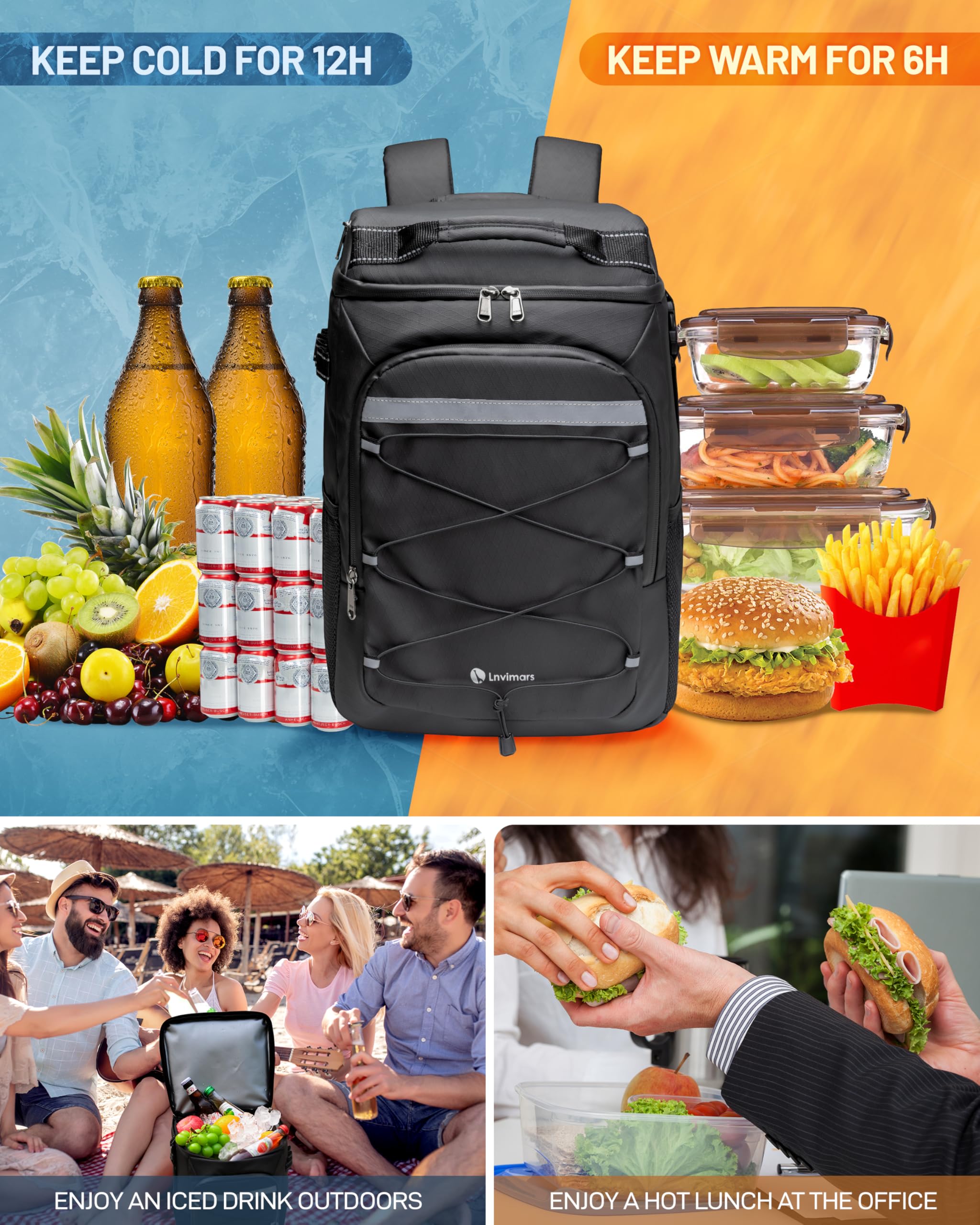 Lnvimars 36 Can Insulated Backpack Cooler, Leakproof Waterproof Soft-Sided Cooler Bag, Large Capacity Portable Cooler For Campin