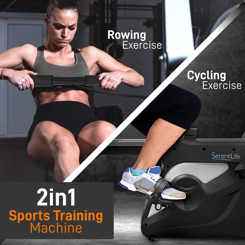 Serenelife 2-In-1 Rowing Machine & Bike - 8 Magnetic Resistance Levels, 264Lbs Capacity - Foldable & Portable Cardio Fitness Tra