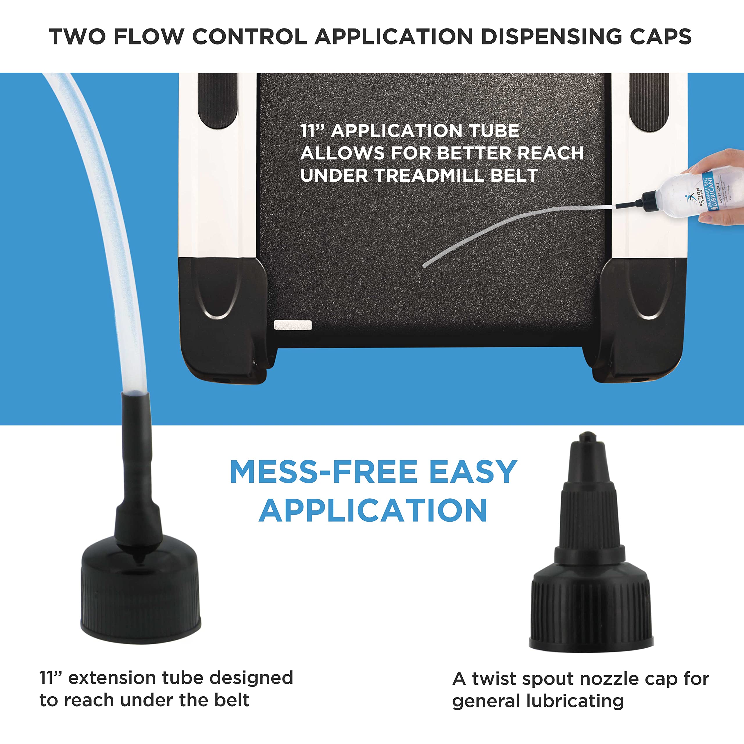 Action Fitness 100% Silicone Treadmill Belt Lubricant, 4-Ounce Bottle With Both An Application Tube And A Twist Spout Cap - Easy