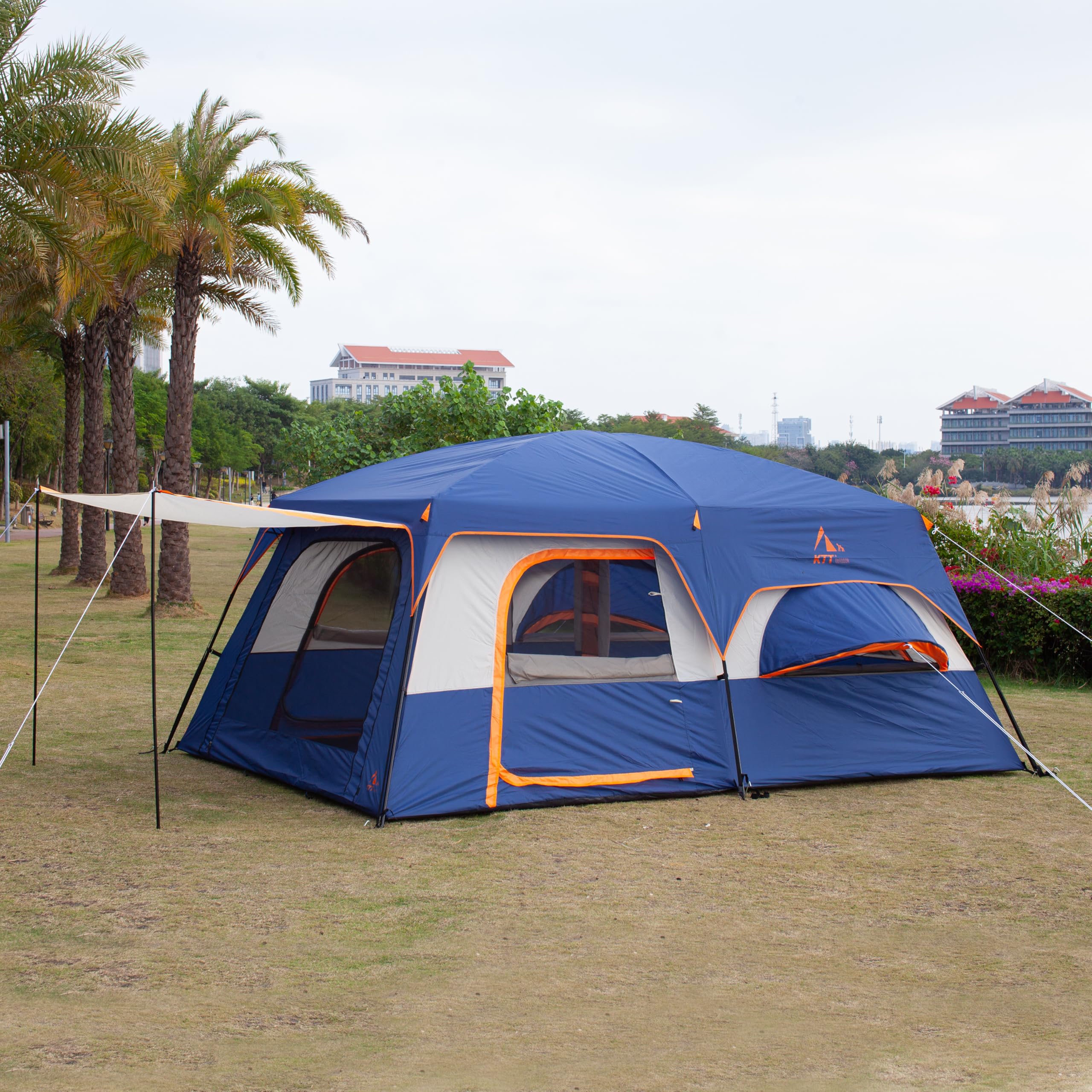 Ktt Extra Large Tent 12 Person,2 Bay-Windows,Family Cabin Tents,14'Lx10'Wx6.58'H,2 Rooms And 3 Doors 3 Windows With Mesh,Waterpr
