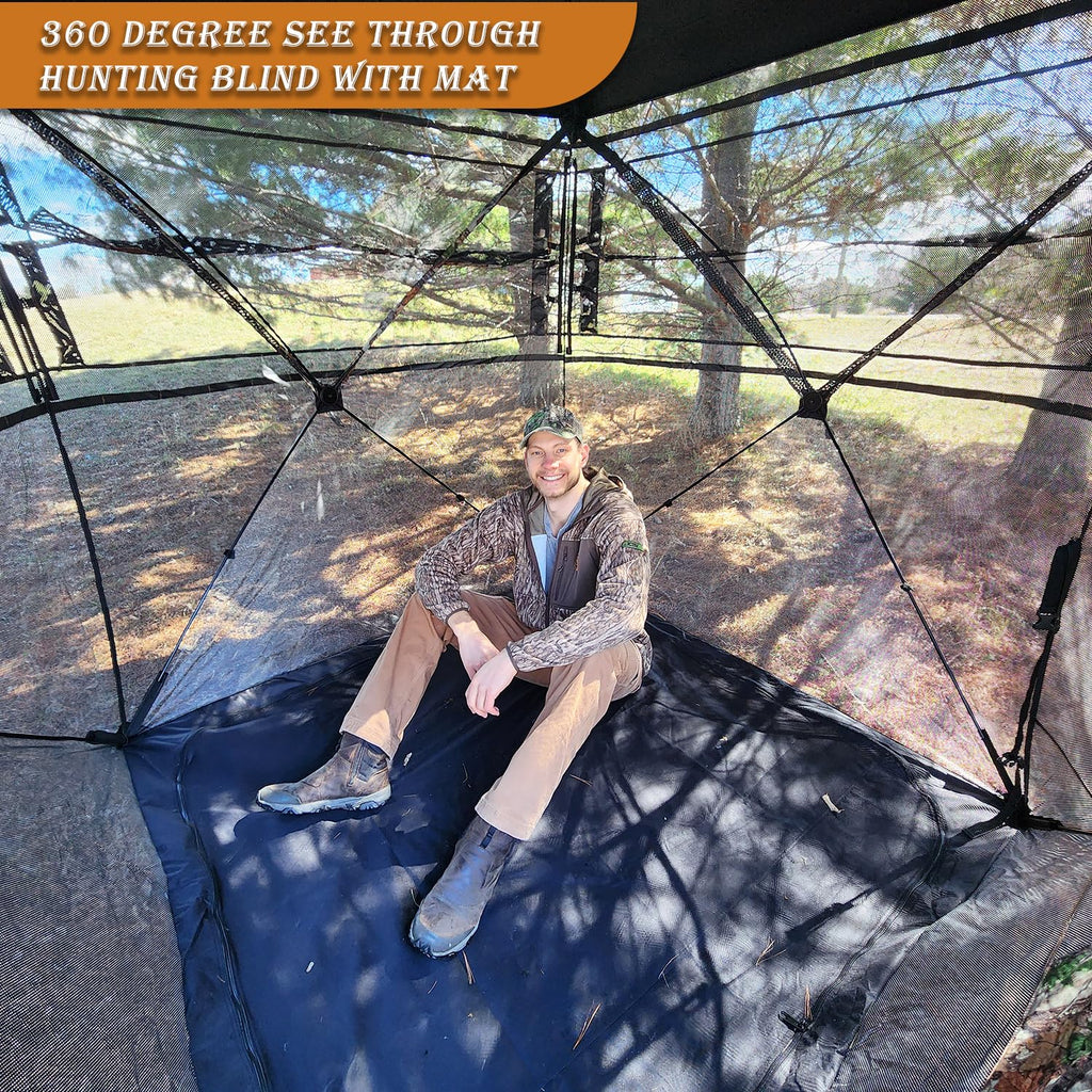Funhorun Hunting Blind With Floor Mat, 360 Degree See Through Ground Blind With Carrying Bag, 3/4 Person Pop Up Camouflage Tent