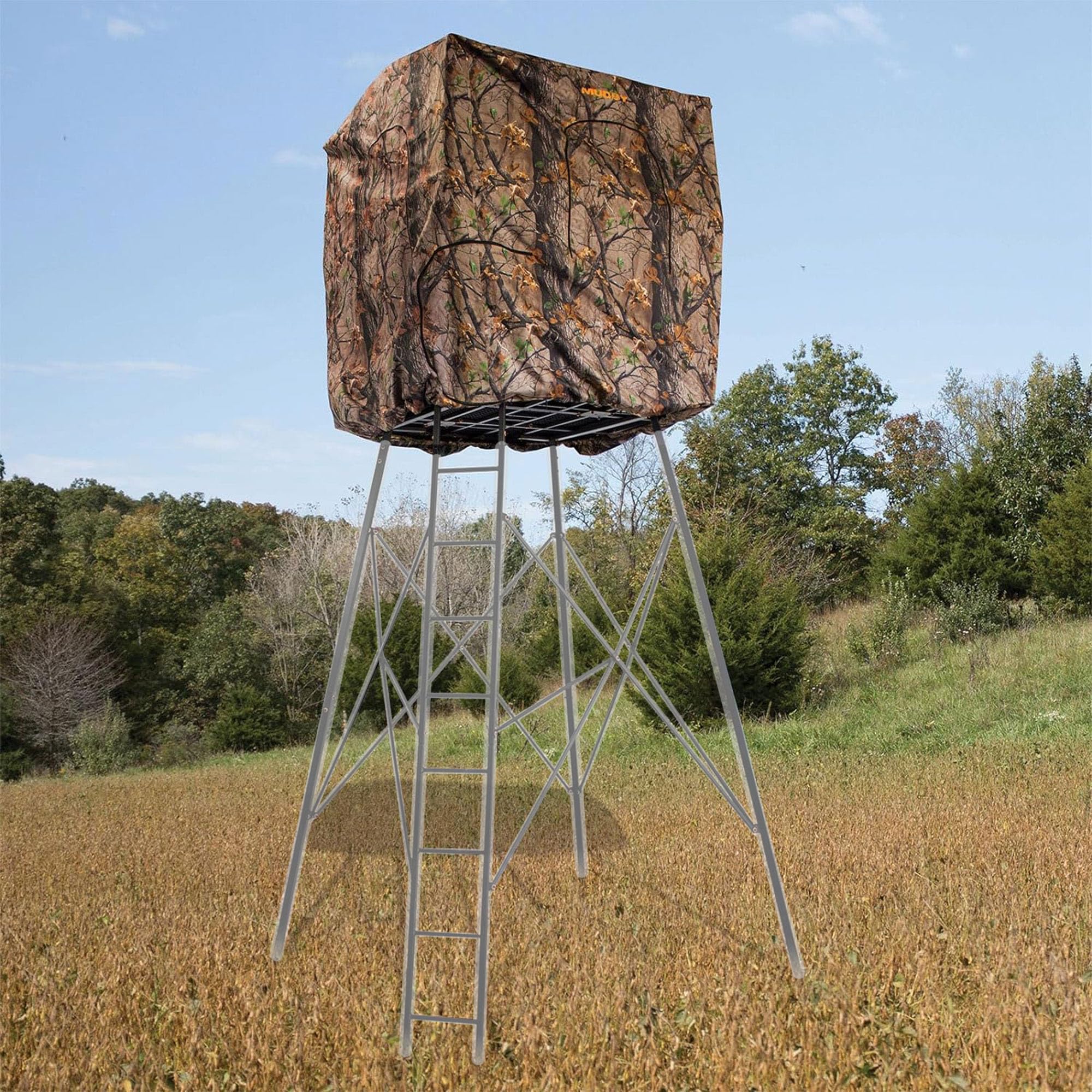 Muddy Steel 7' Tall Quad Pod Hunting Blind Cover With 4 Zippered Windows (Stand Not Included) - Portable Camouflage Shelter And
