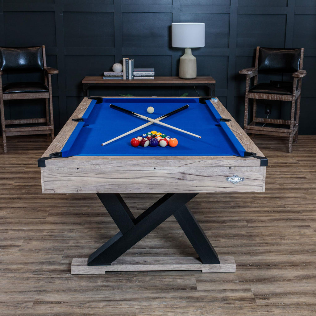 American Legend Kirkwood 84       Billiard Table With Rustic Blond Finish, K-Shaped Legs And Royal Blue Cloth