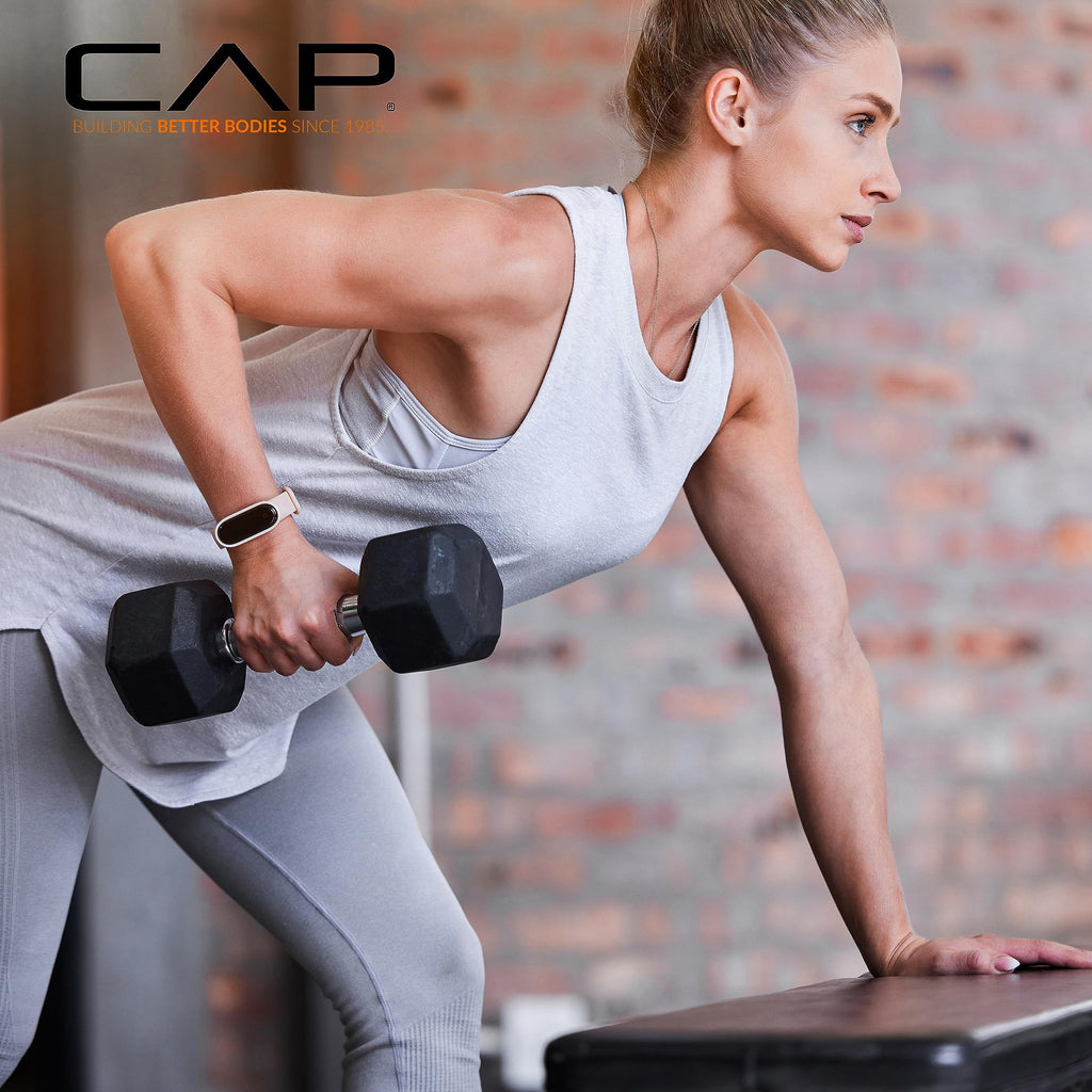 CAP Barbell 150lb Comfort Grip Rubber Hex Dumbbell Set with Vertical White Rack