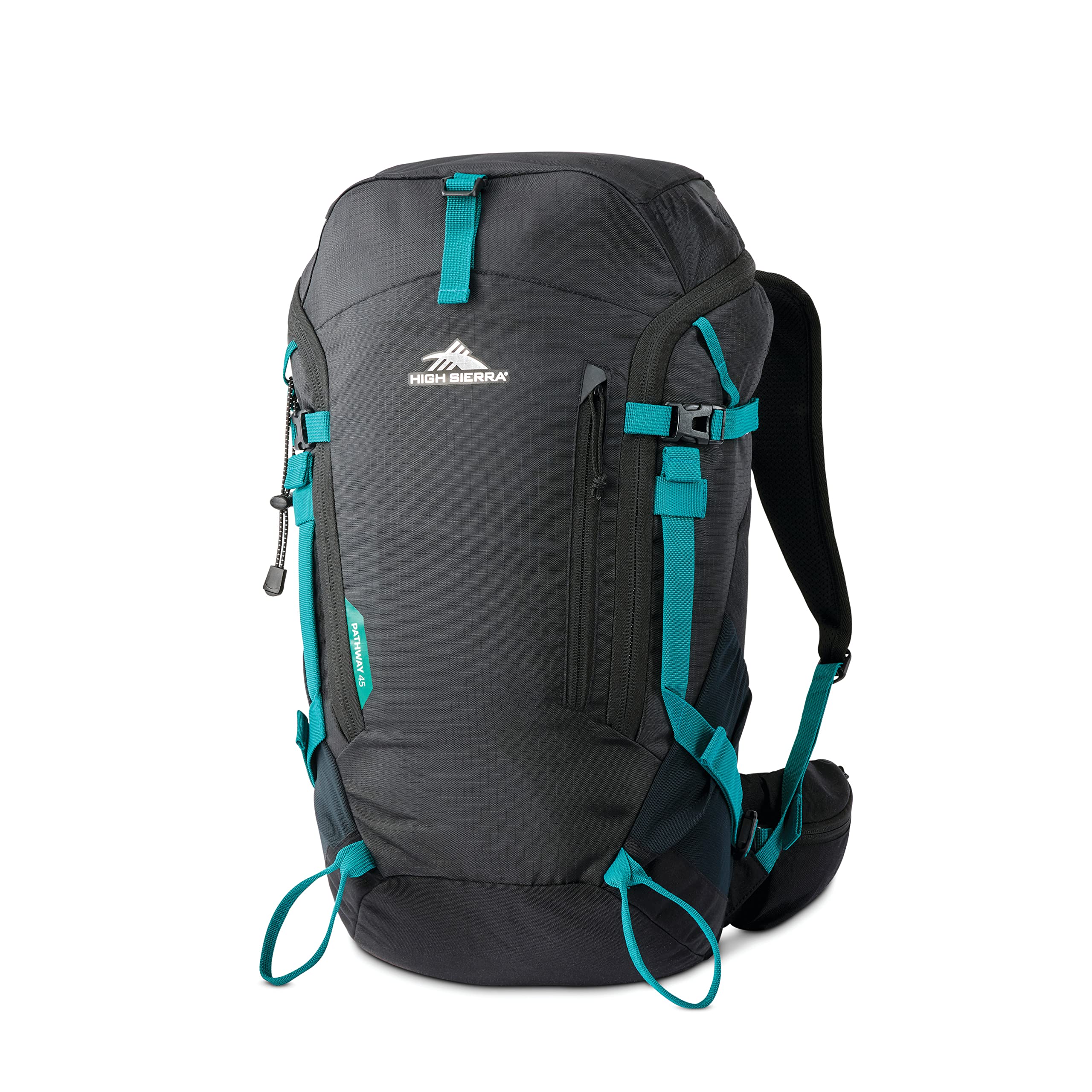 High Sierra Pathway 2.0 Backpack with Hydration Storage Sleeve, for Hiking, Biking, Camping, Traveling, Black, 45L