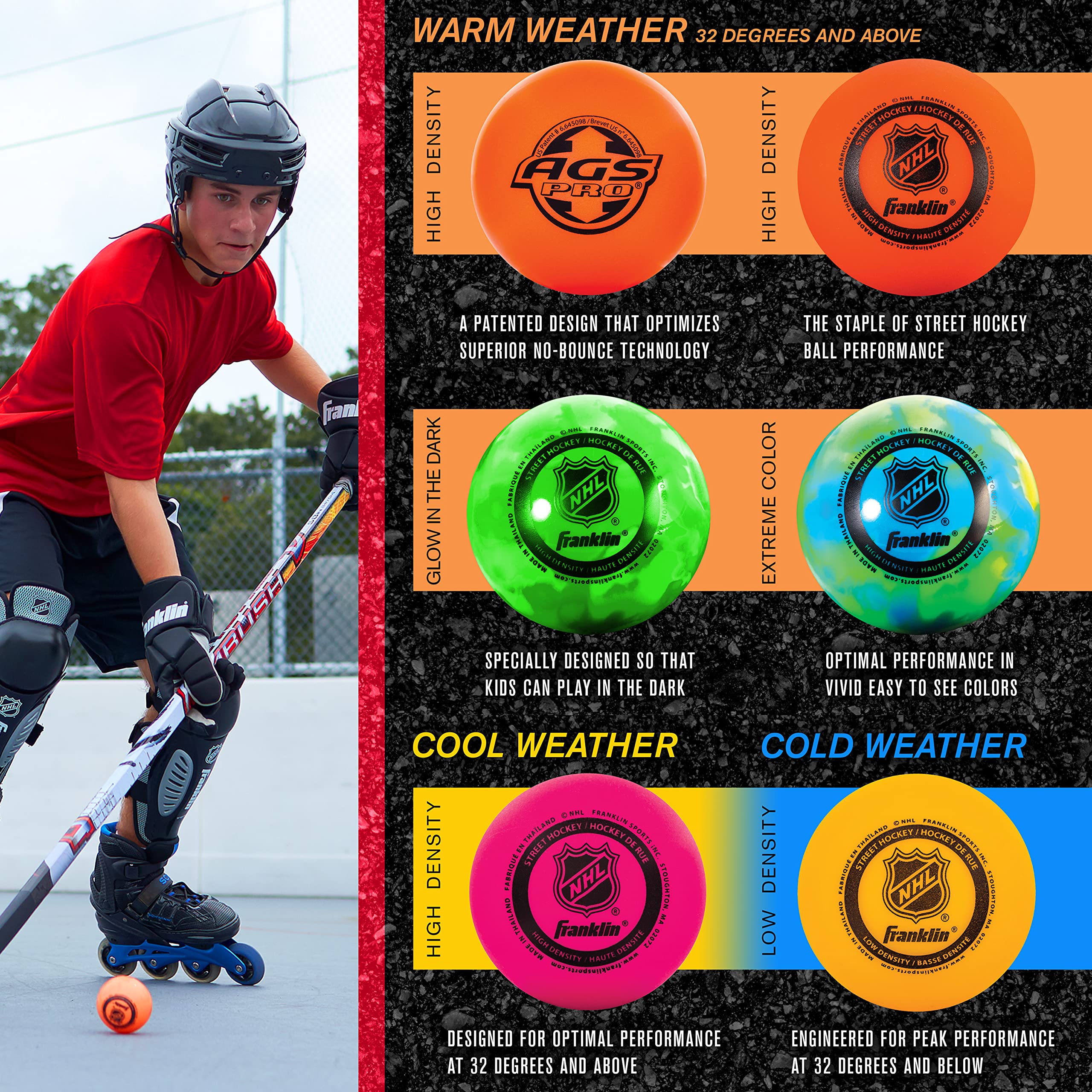 Franklin Sports Nhl Street Hockey Balls - No Bounce Outdoor Street + Roller Hockey Balls - Official Size Outdoor Street Hockey B