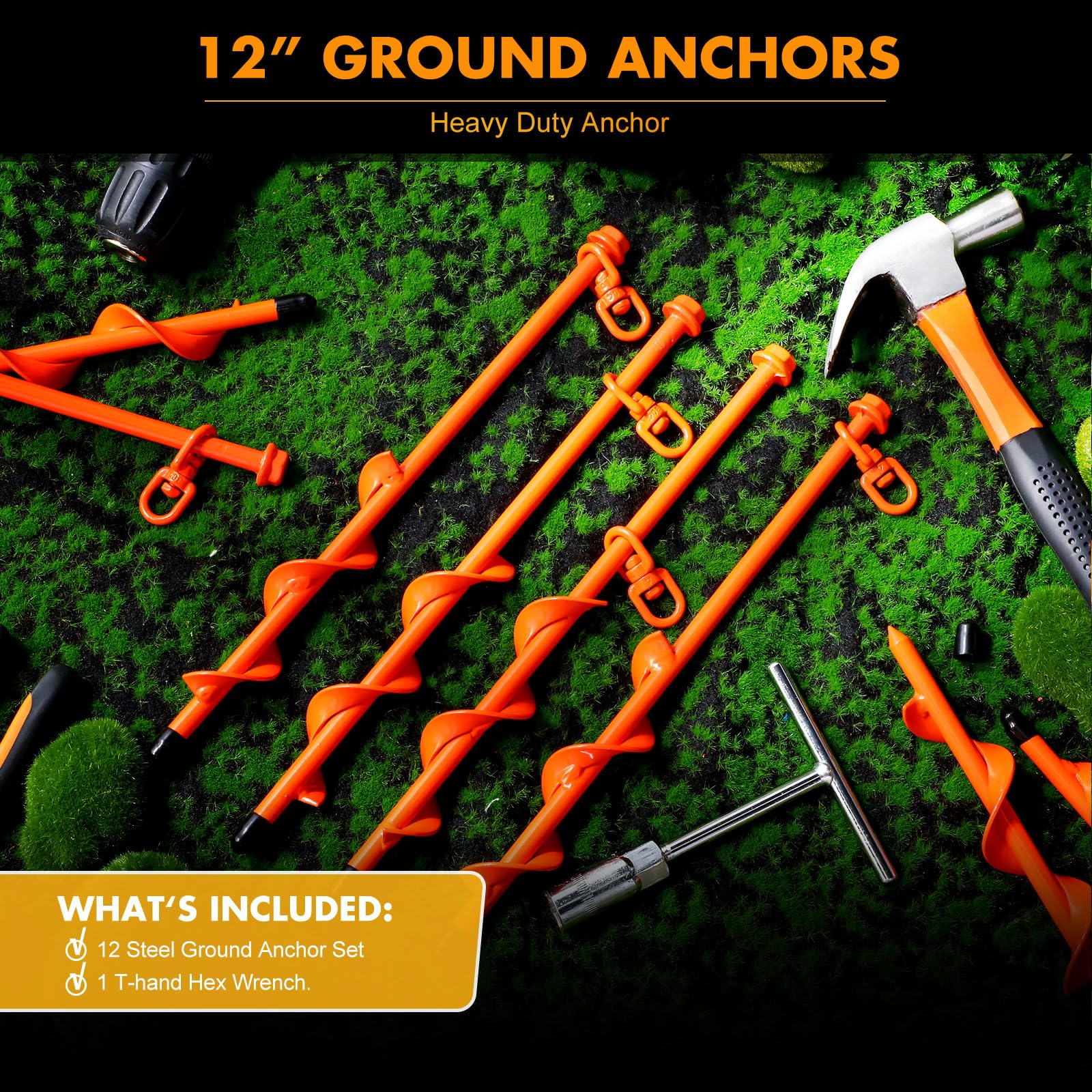 Zhengmy 12 Pcs Ground Anchors Screw In, 12 Inch Heavy Duty Tent Stakes With Trampoline Anchor Hook Ground Stakes For Camping Ten