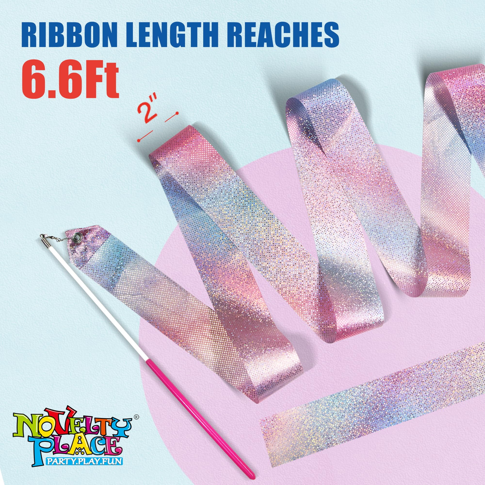 Novelty Place 2 Pcs Sparkling Dance Ribbons Streamers, 6.6Ft Shiny Colors Kids Gymnastics Ribbon Wands - Perfect Rhythm Sticks F