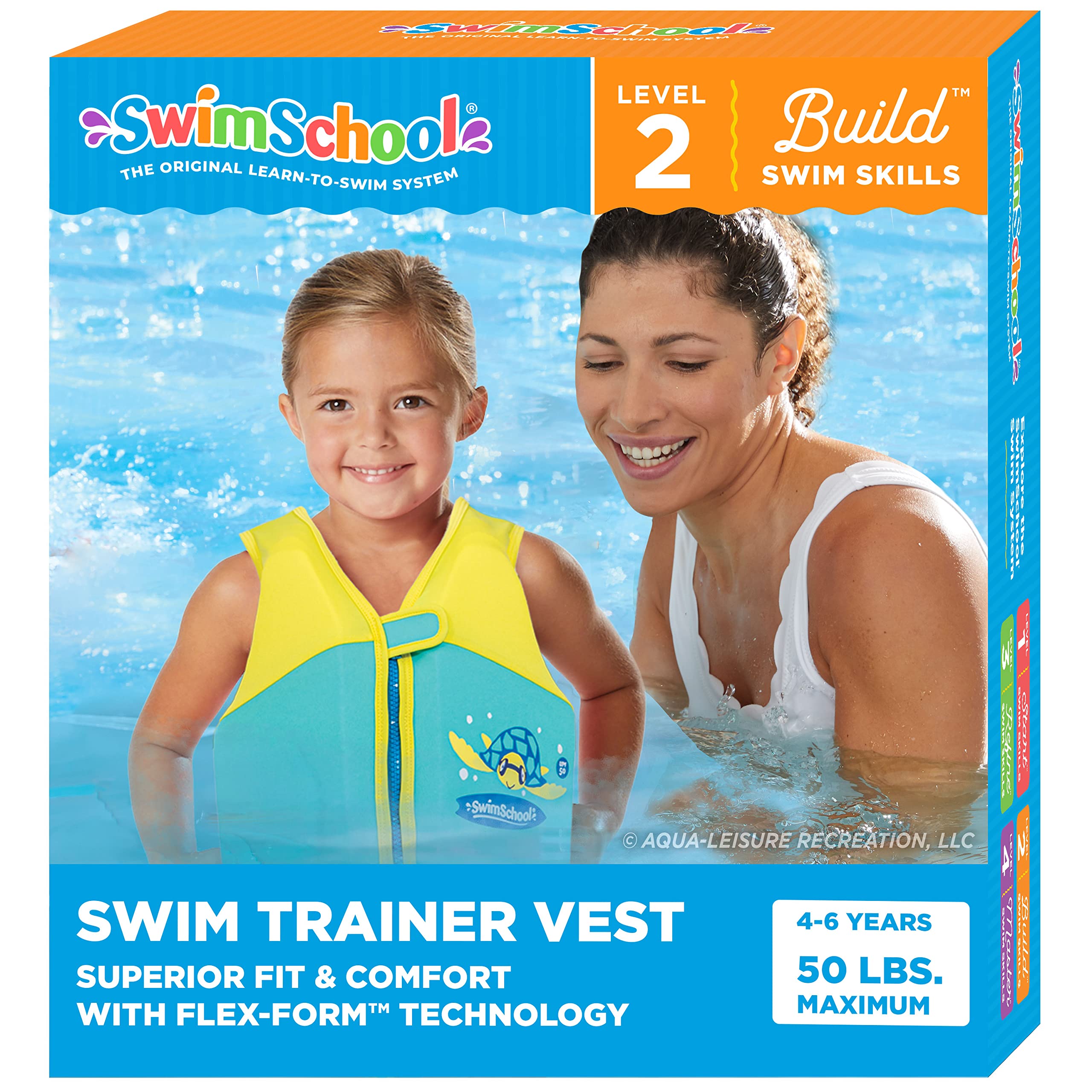 SwimSchool Swim Trainer Vest, Flex-Form Design, Padded Shoulders and Adjustable Safety Strap, Easy On & Off, Medium/Large, Up to