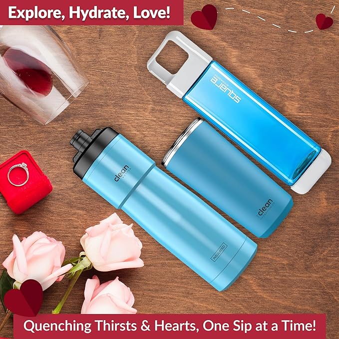 Clean Hydration Gift Set | Square Water Bottle 25 Oz | Insulated Bike Water Bottle 23 Oz | Double Wall Ceramic Tumbler 20 Oz | Blue