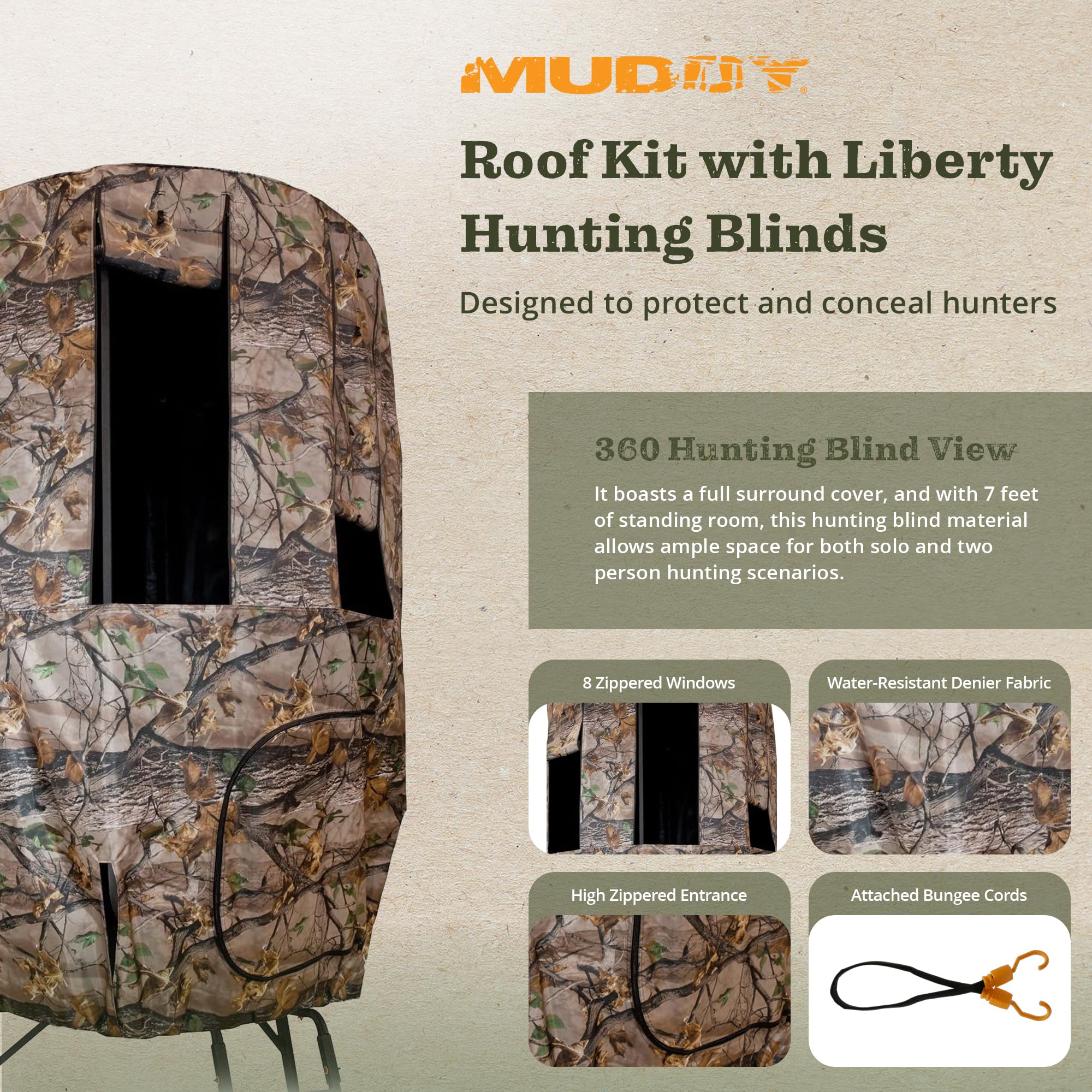 Muddy Roof Kit Hunting Gear, Hunting Accessories Compatible With Liberty Tripod Stand, Full Surround Deer Blind Hunting Blind W/