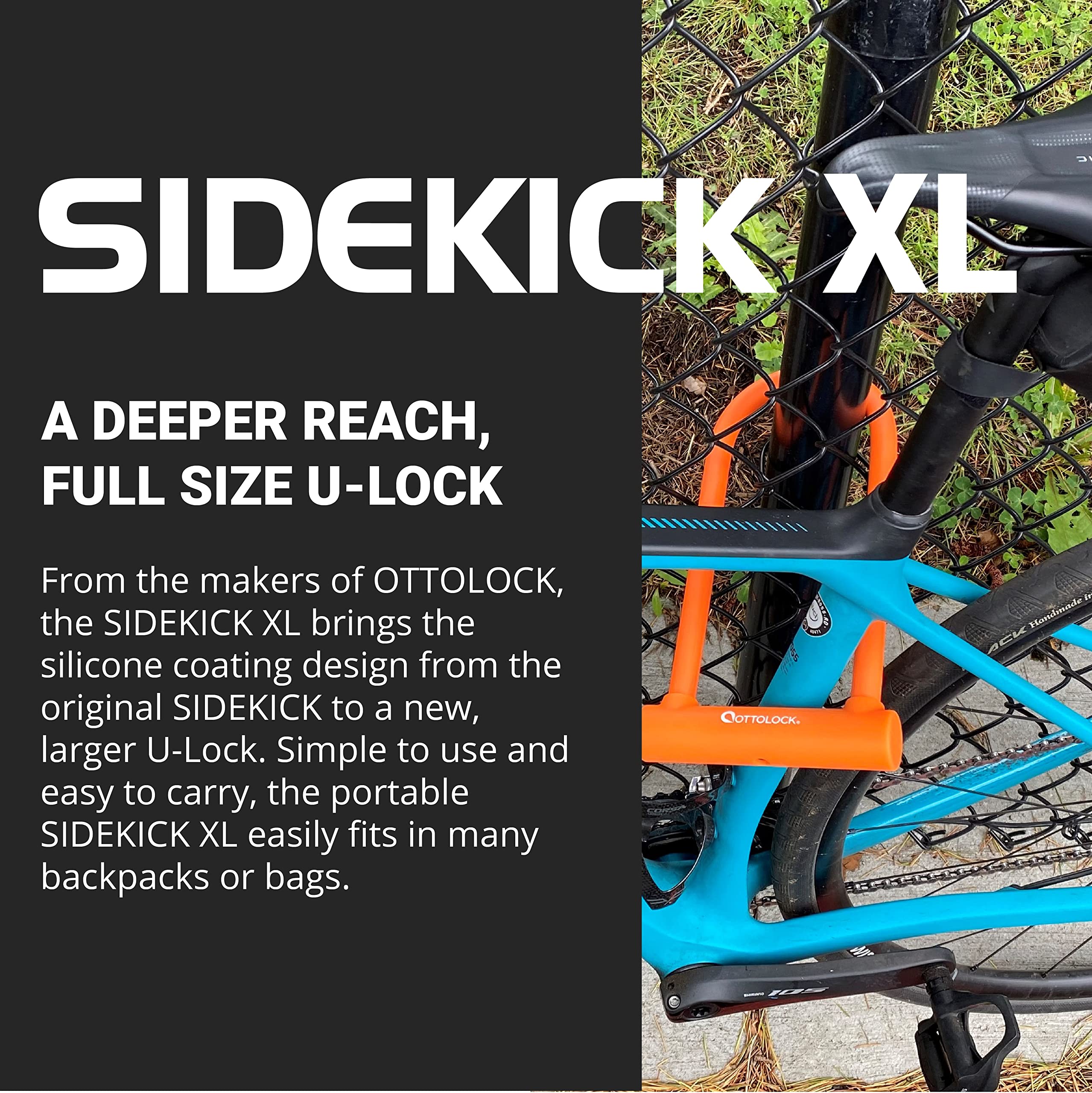 Ottolock Sidekick Xl Full-Size U-Lock | Lightweight Silicone-Coated Bike Lock, Black