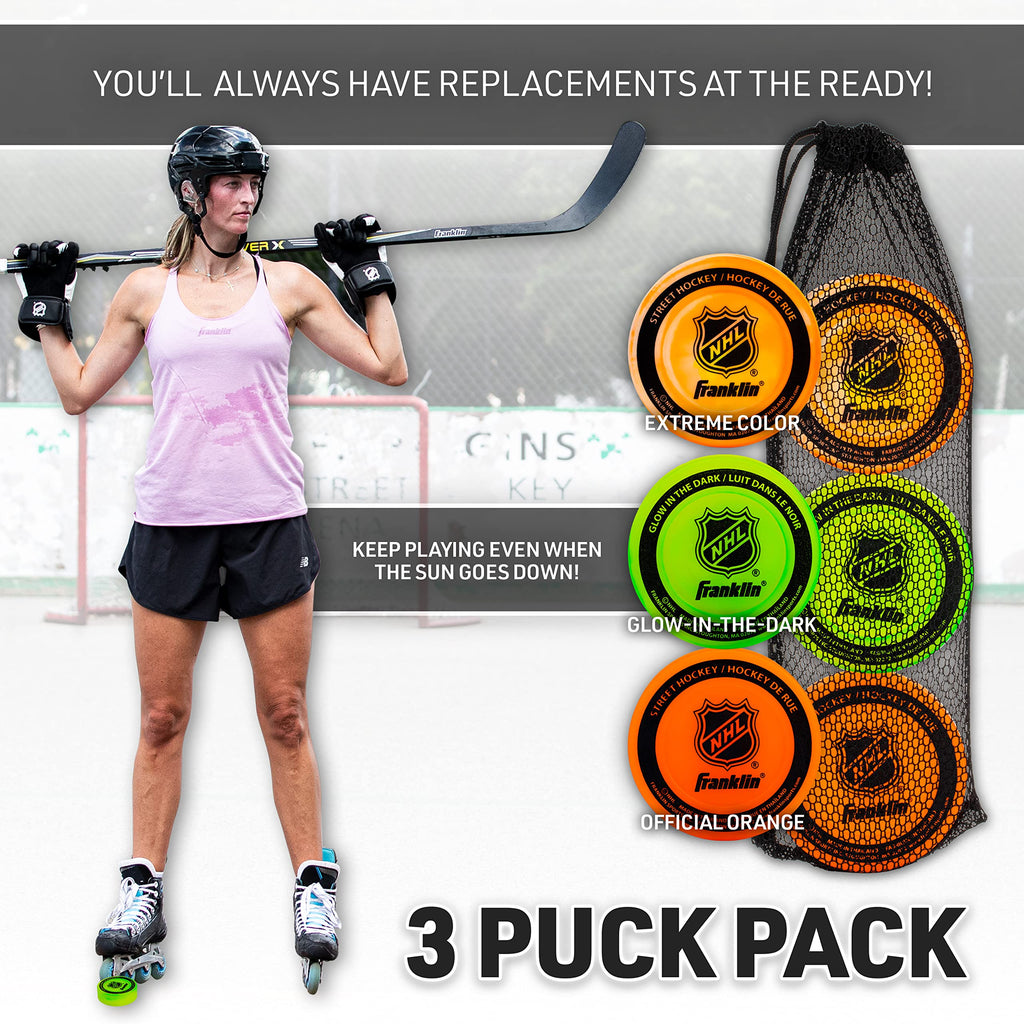 Franklin Sports Nhl Street Hockey Pucks - No Bounce Indoor + Outdoor Street + Roller Hockey Puck - Official Size For Games - 3 P