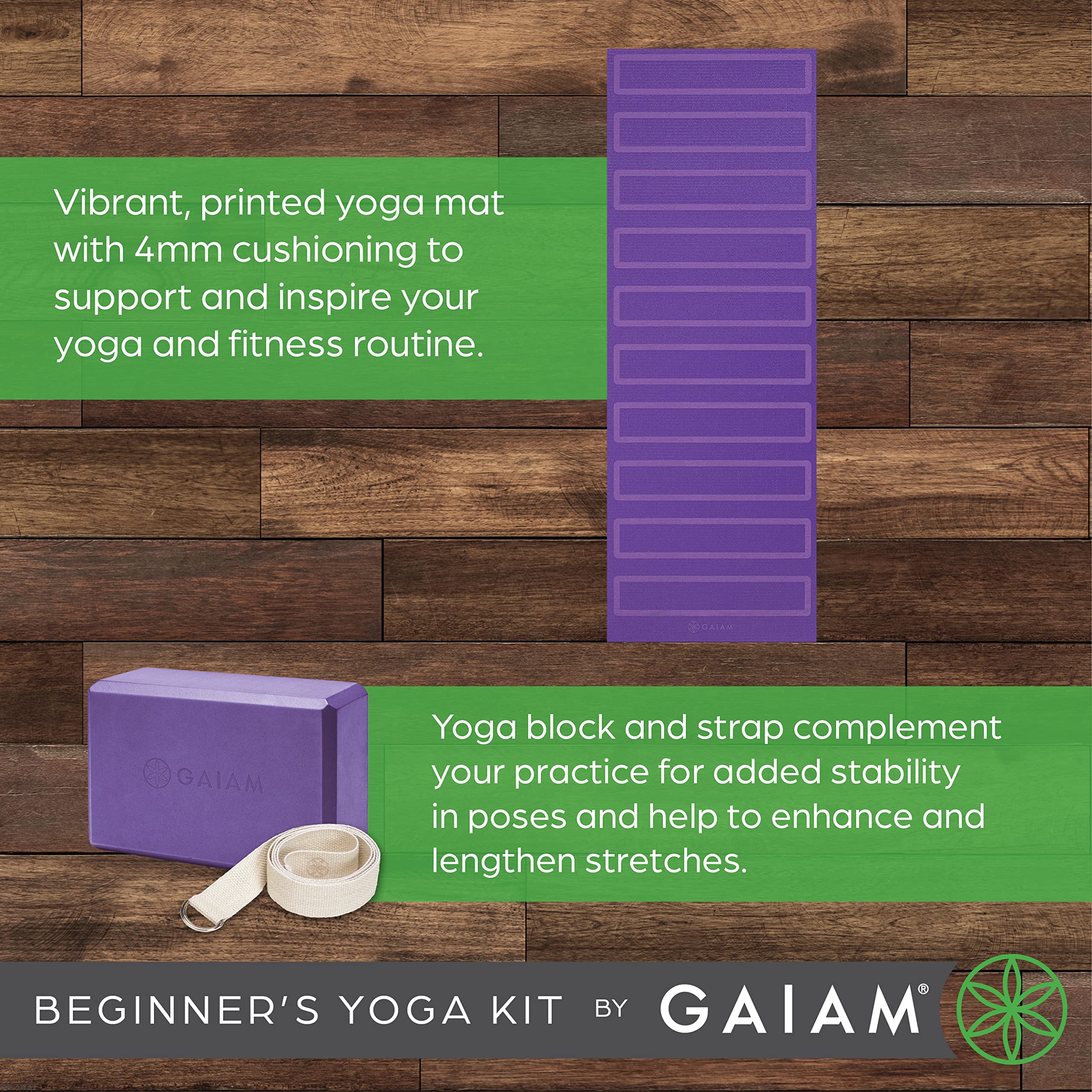 Gaiam Beginner'S Yoga Starter Kit Set (Yoga Mat, Yoga Block, Yoga Strap) - Light 4Mm Thick Printed Non-Slip Exercise Mat For Eve