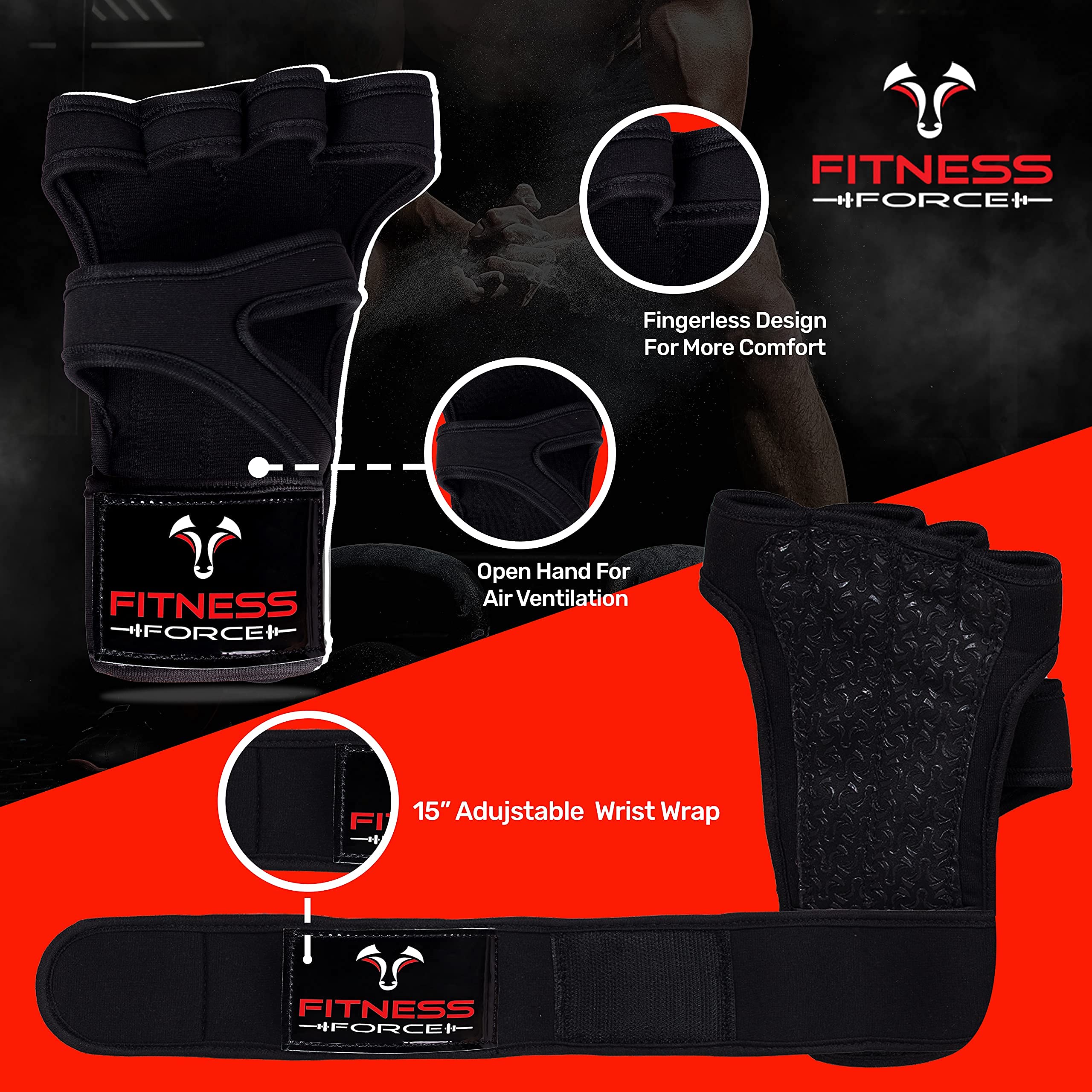 Fitness Force Ventilated Gym Gloves For Men With Built-In Wrist Support For Workouts Weightlifting Gloves Workout Gloves For Wom