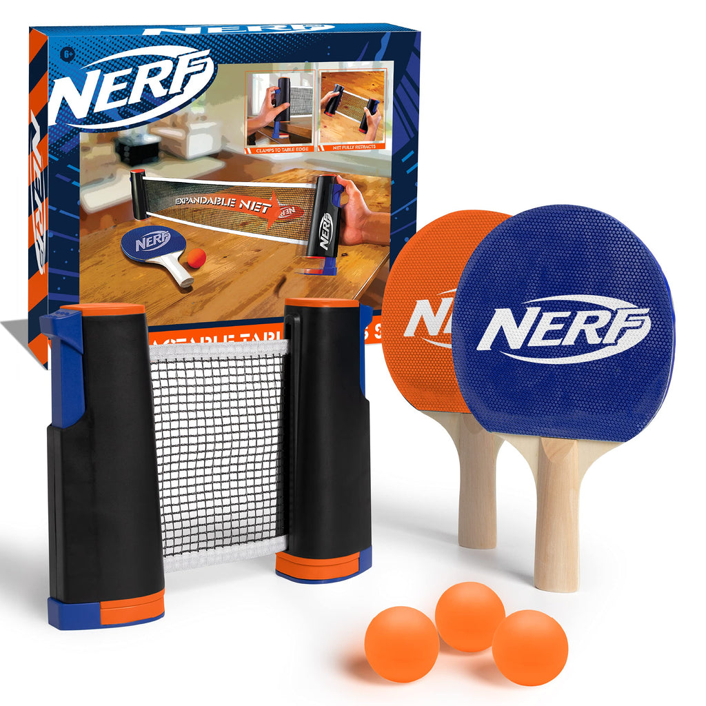 Nerf 7-Piece Retractable Tabletop Tennis Game Set, Play Almost Anywhere With Expandable Net, 2 Paddles And 3 Balls, Includes Con