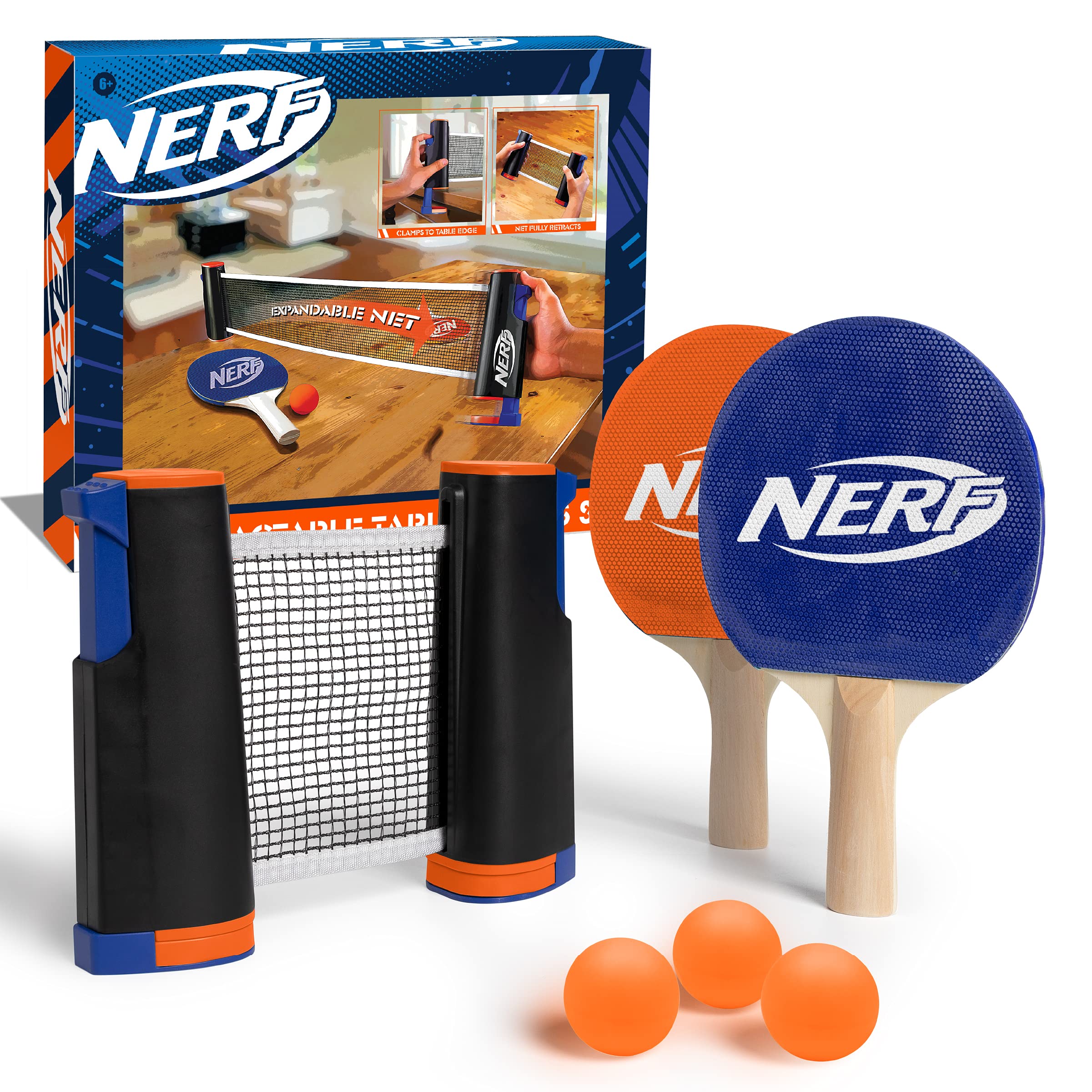 Nerf 7-Piece Retractable Tabletop Tennis Game Set, Play Almost Anywhere With Expandable Net, 2 Paddles And 3 Balls, Includes Con