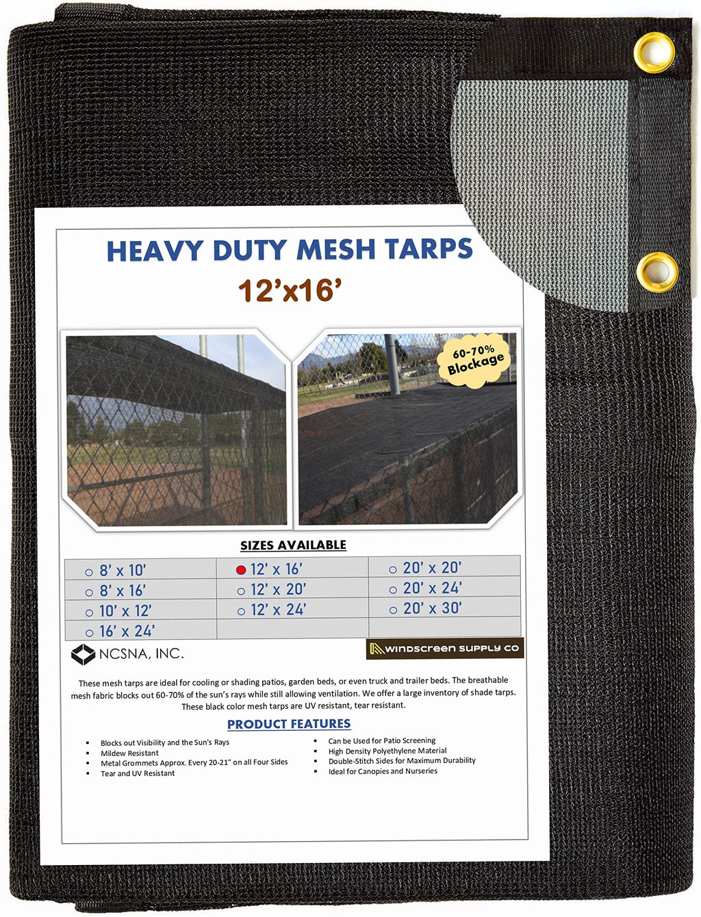 Windscreensupplyco 60-70 12 Ft X 16 Ft Mesh Tarpshade Cloth 9-Needle Knitted Heavy Duty Black With Grommets For Green House, Gar